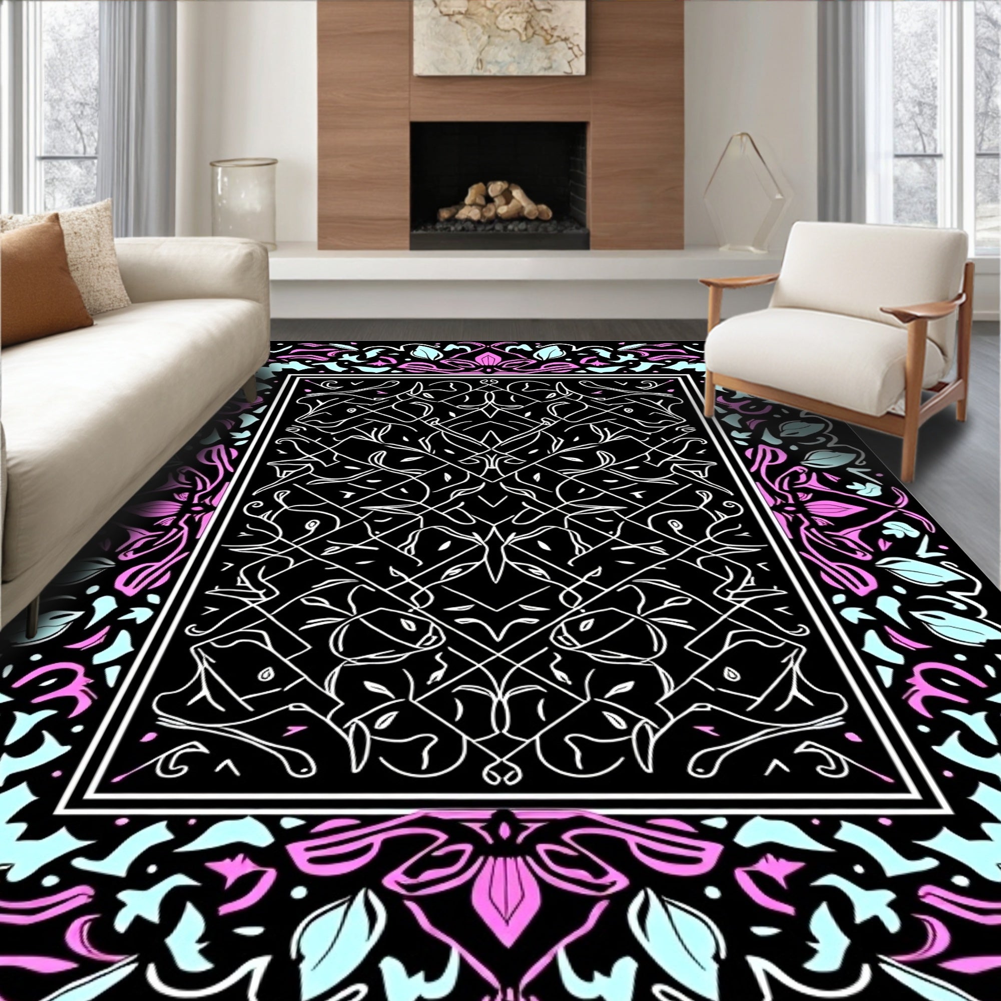 Bold Floral Vines Geometric Pattern Rug