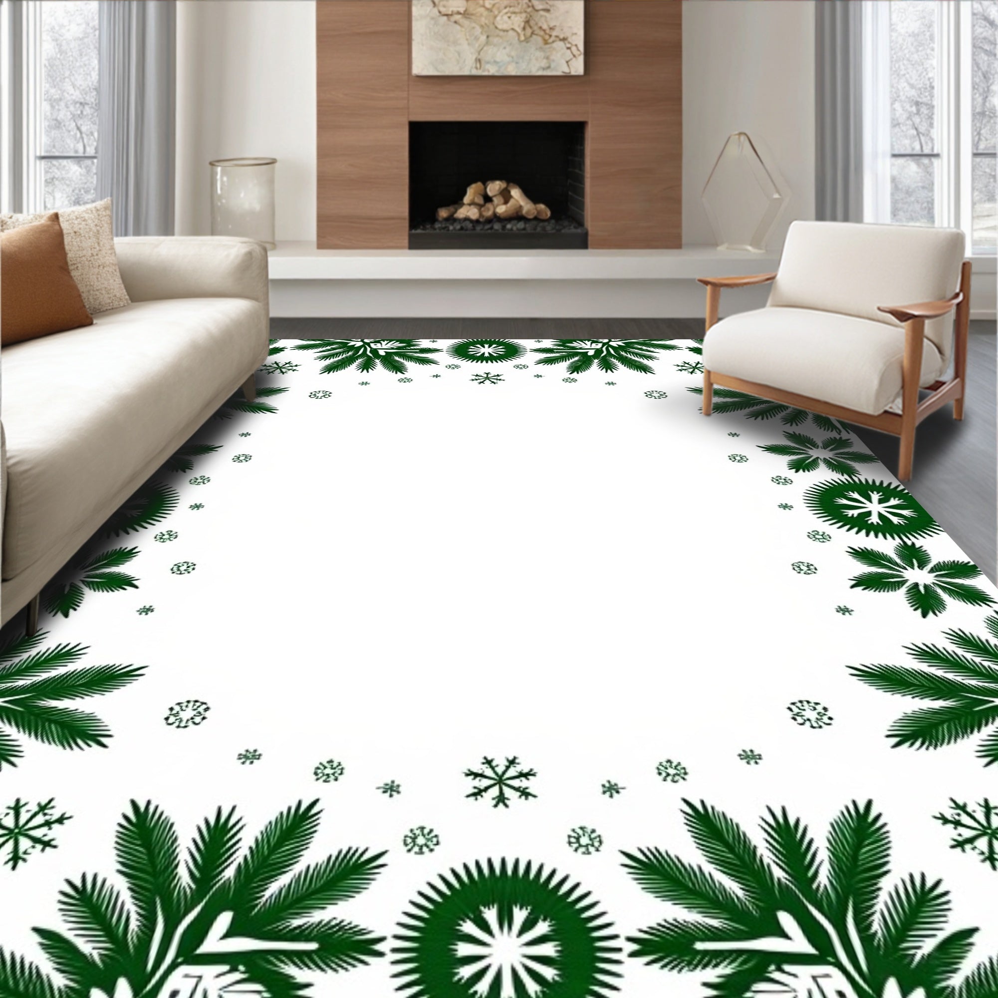 Festive Evergreen Snowflakes Border Rug