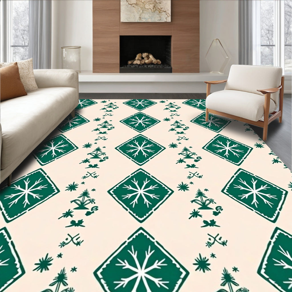 Green Diamond Starburst Folk Pattern Rug