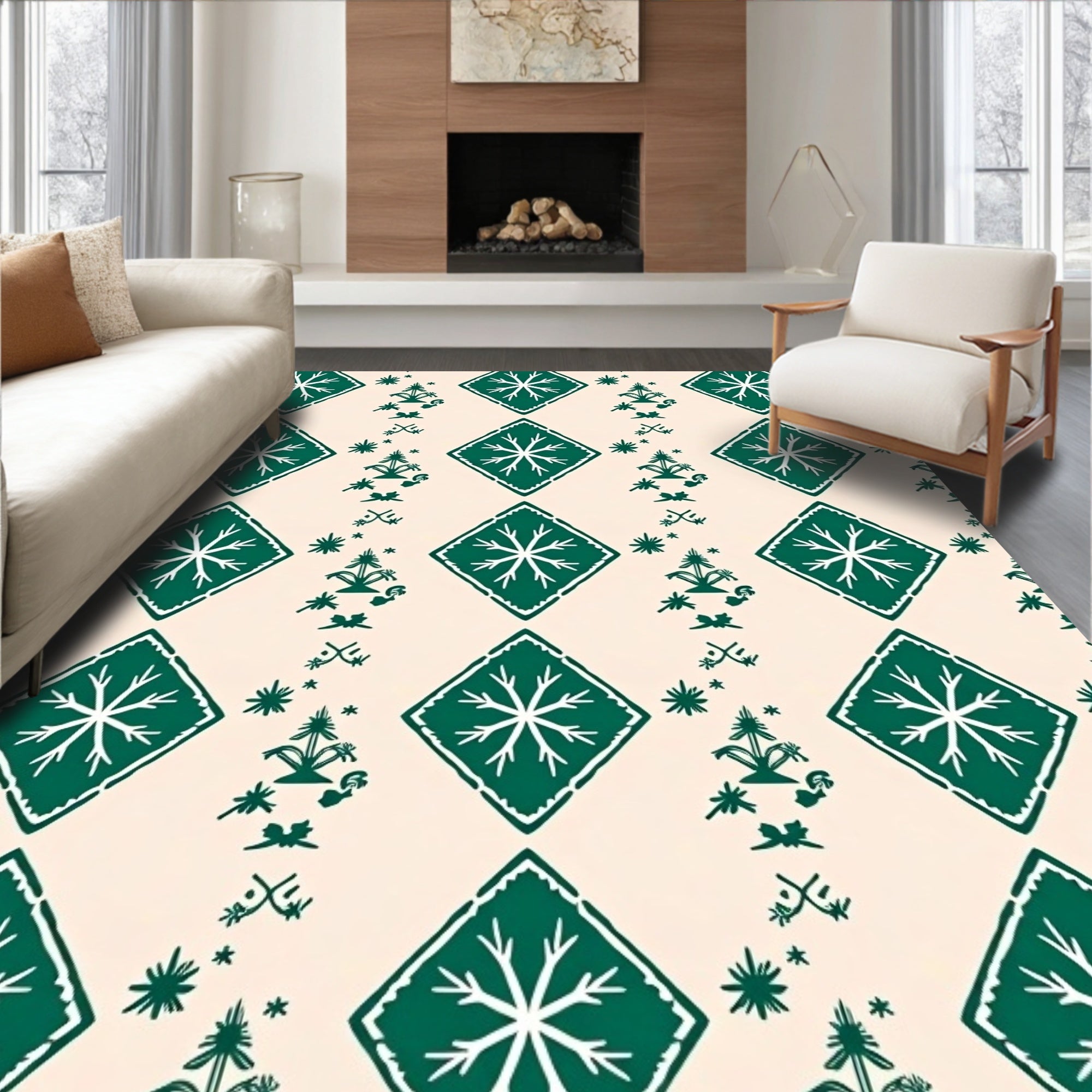 Green Diamond Starburst Folk Pattern Rug