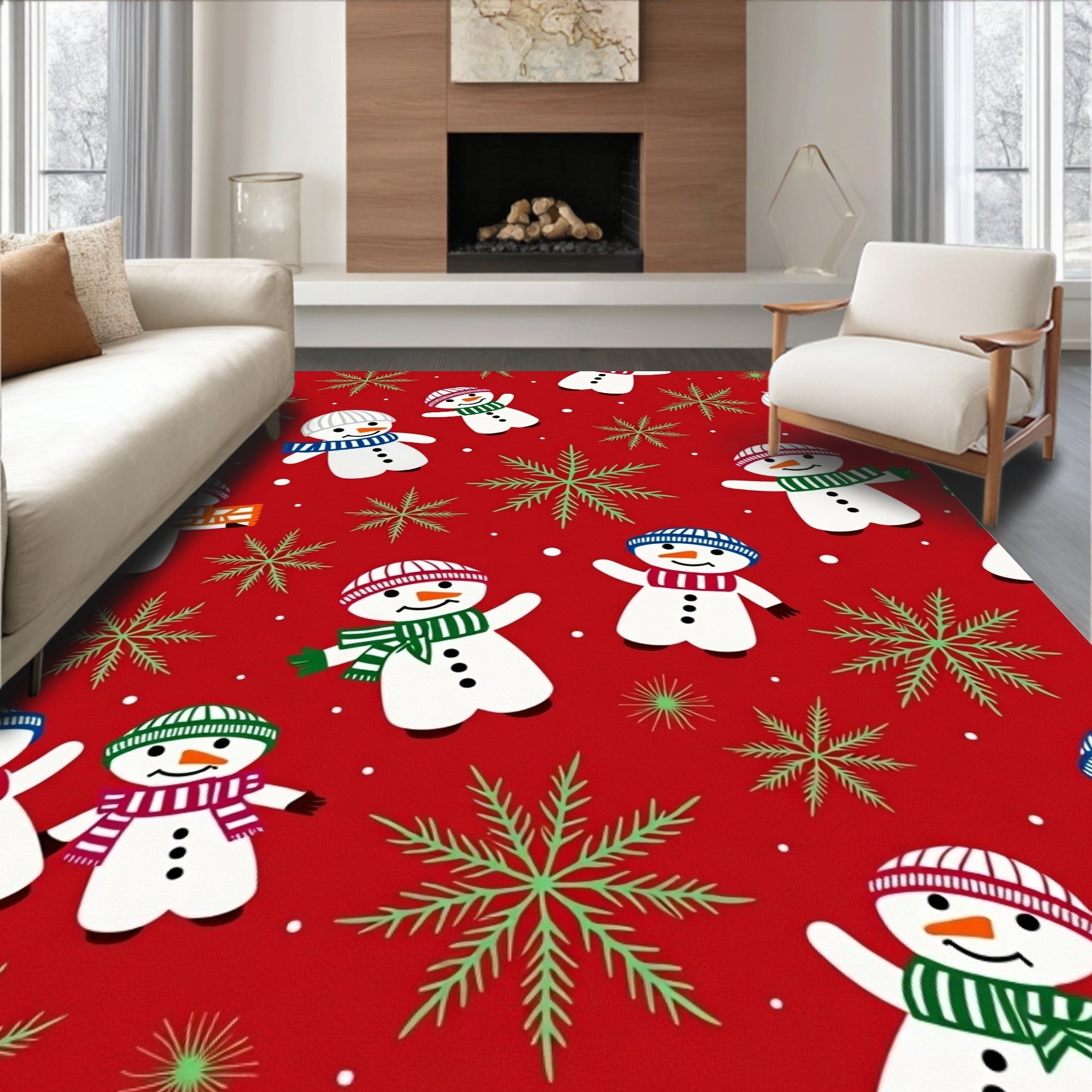 Animated Snowmen with Green Snowflakes Design Rug