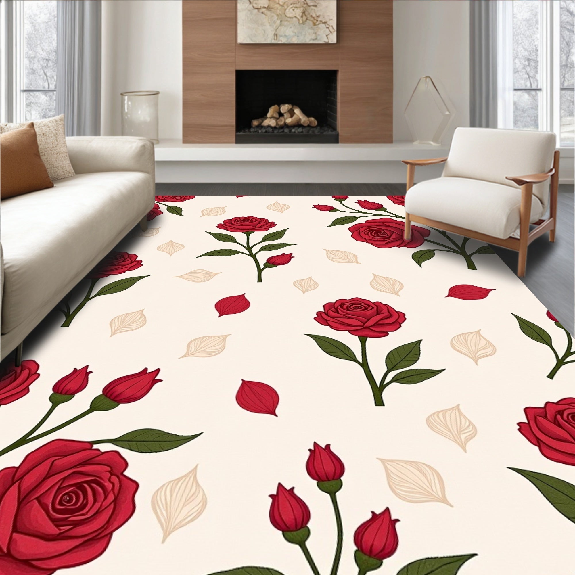 Classic Red Rose Botanical Pattern Rug