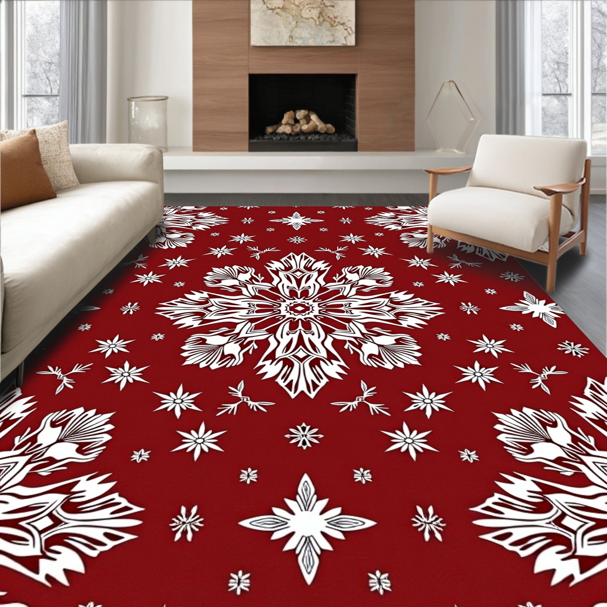 Intricate Folk White Snowflake Pattern Rug