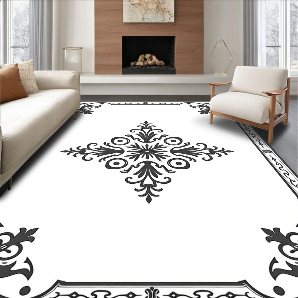 Elegant Scrollwork Floral Border Rug