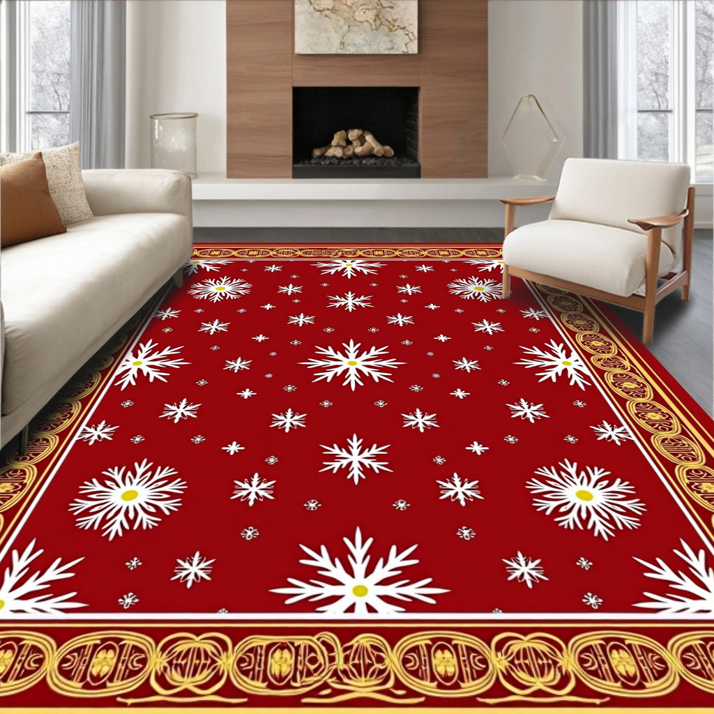 Red Snowflake Pattern with Gold Border Rug