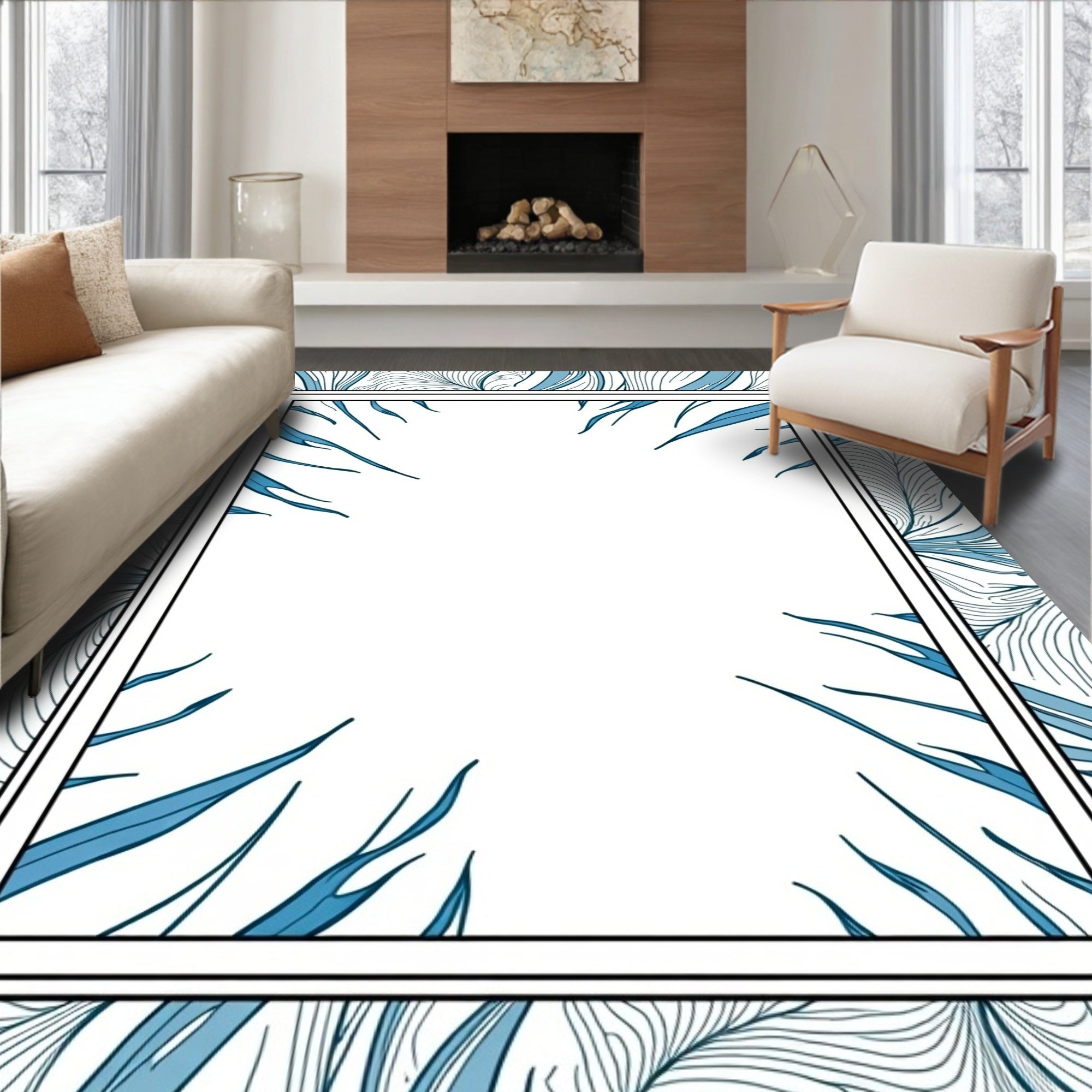 Abstract Blue Leafy Organic Pattern Rug