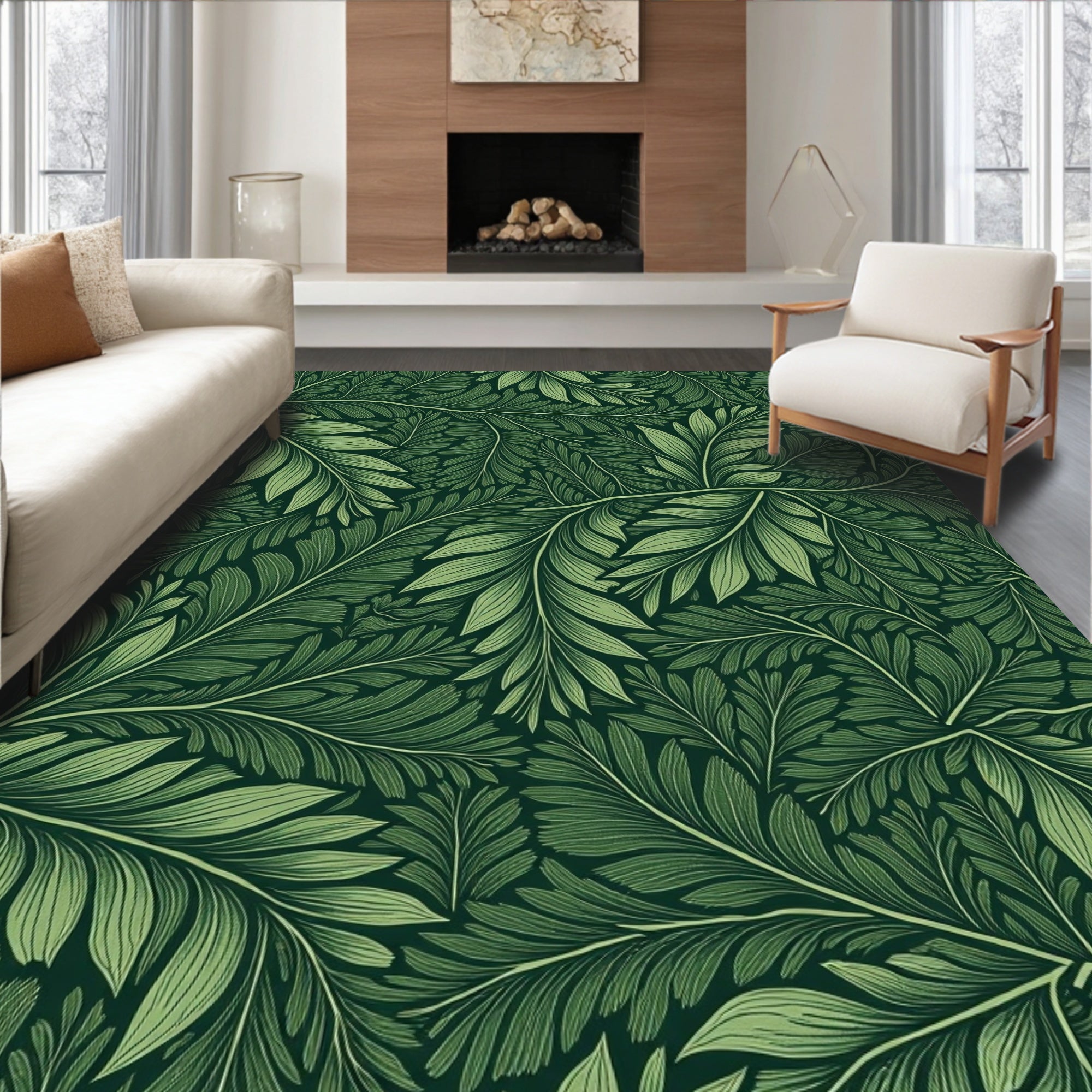 Dark Green Leafy Vine Pattern Rug