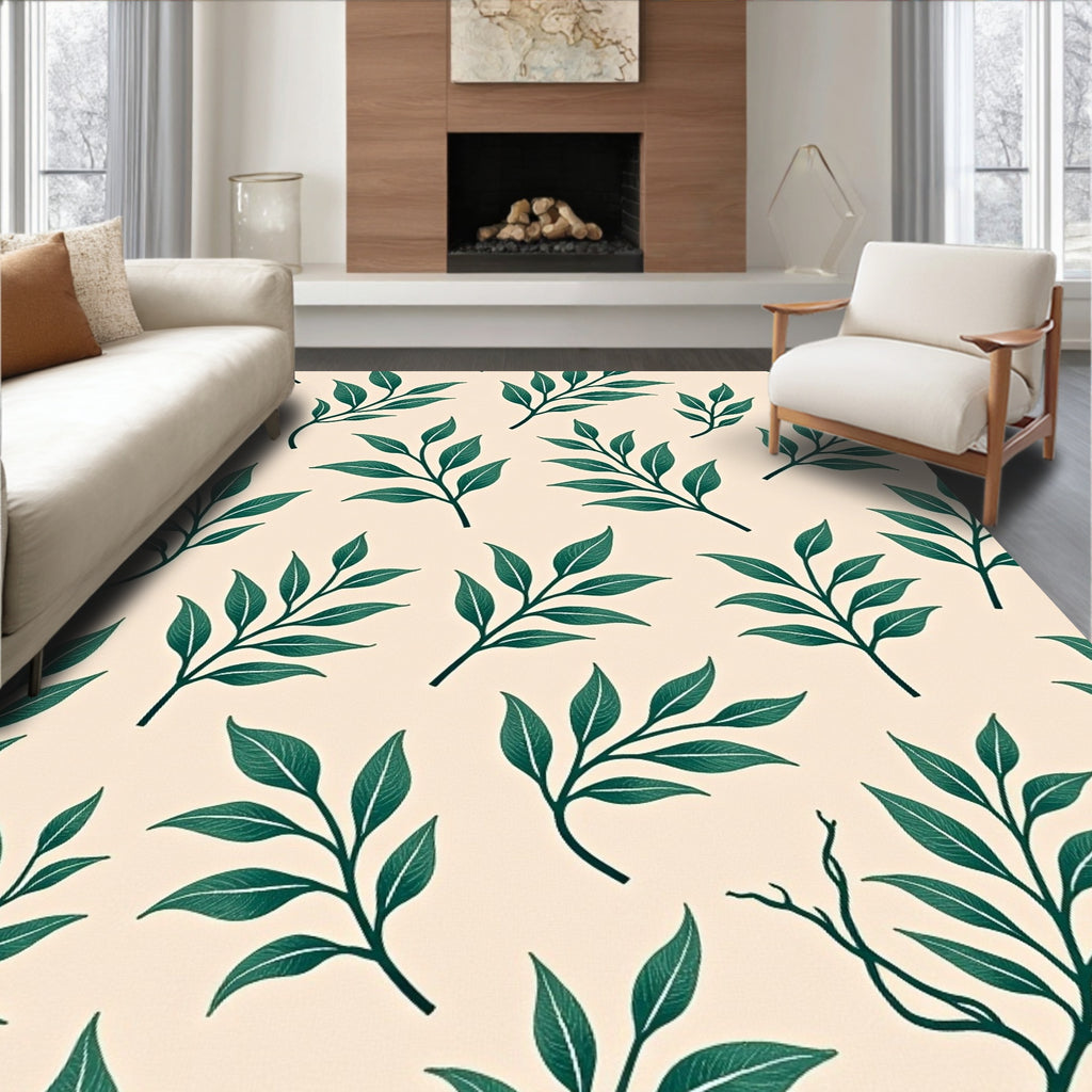 Modern Green Leaf Branch Pattern Rug