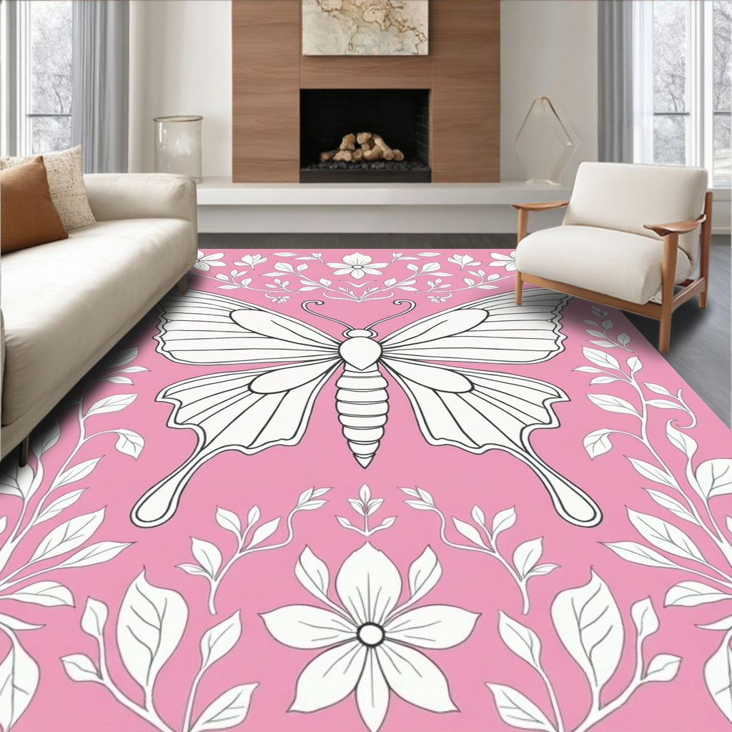 Pink Butterfly Floral Harmony Rug