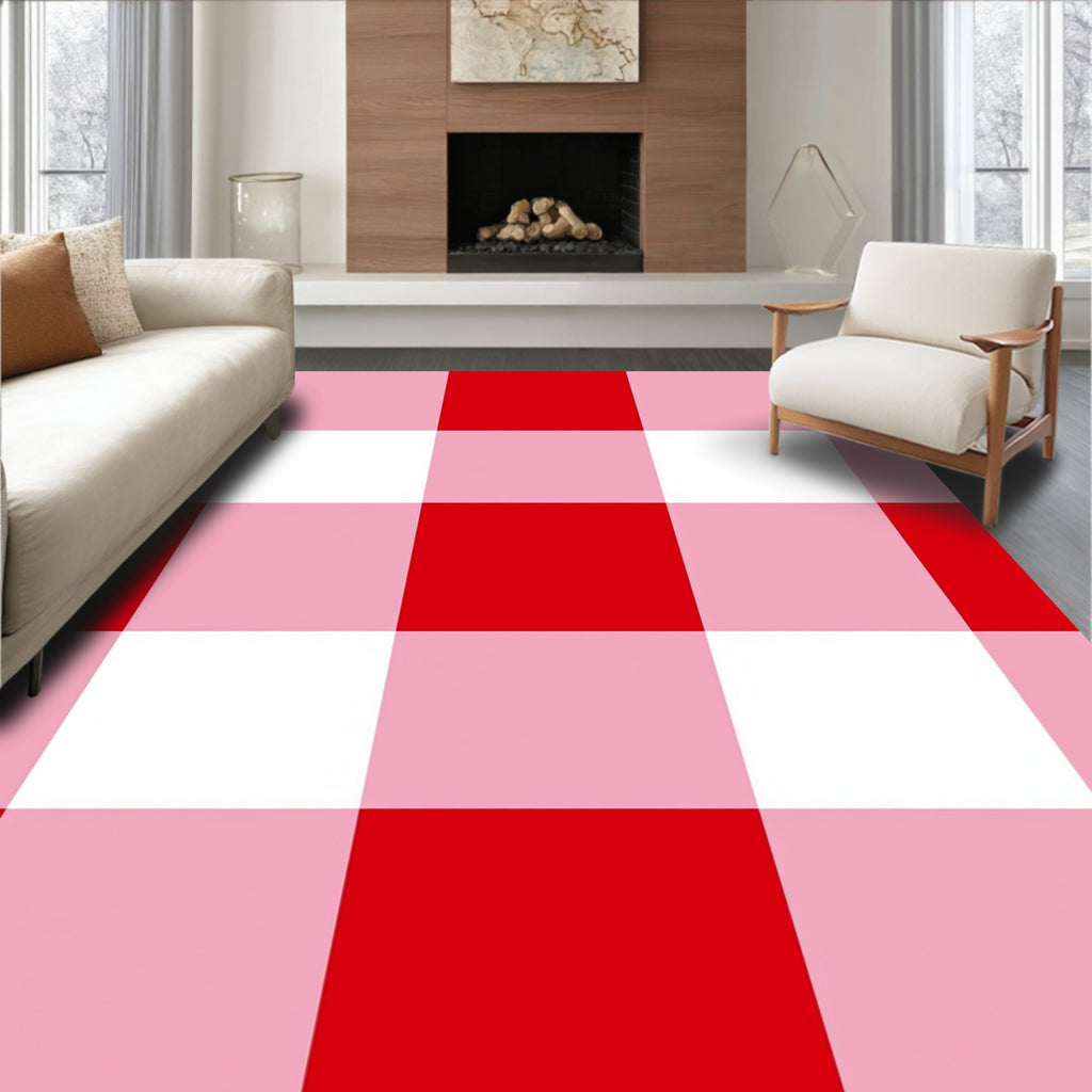 Classic Red White Checked Pattern Rug