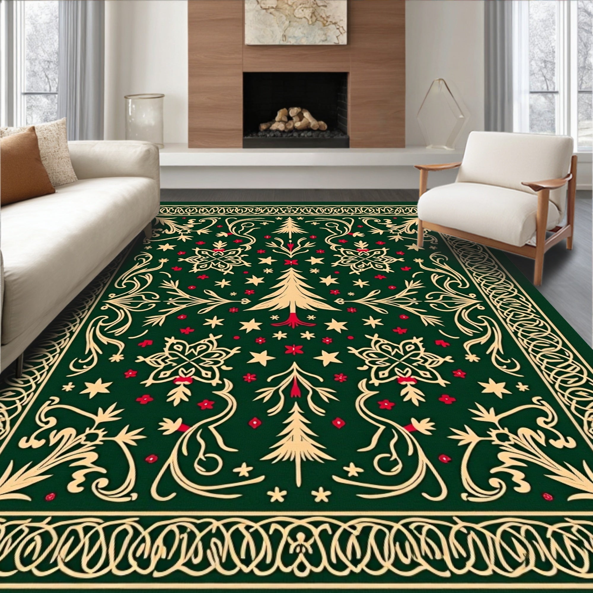 Festive Green Floral Tree Pattern Rug