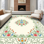Green Floral Bordered Cream Rug