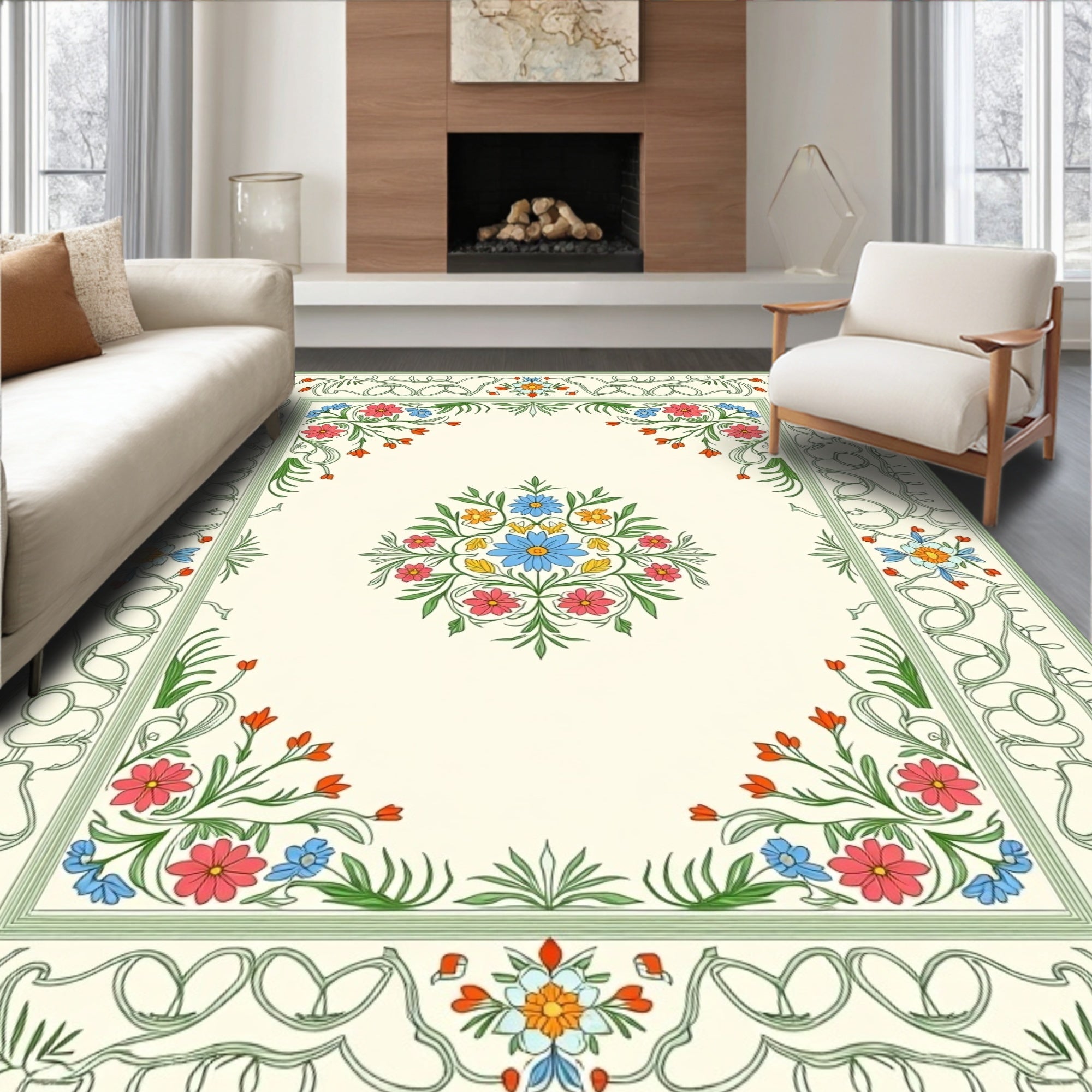 Green Floral Bordered Cream Rug