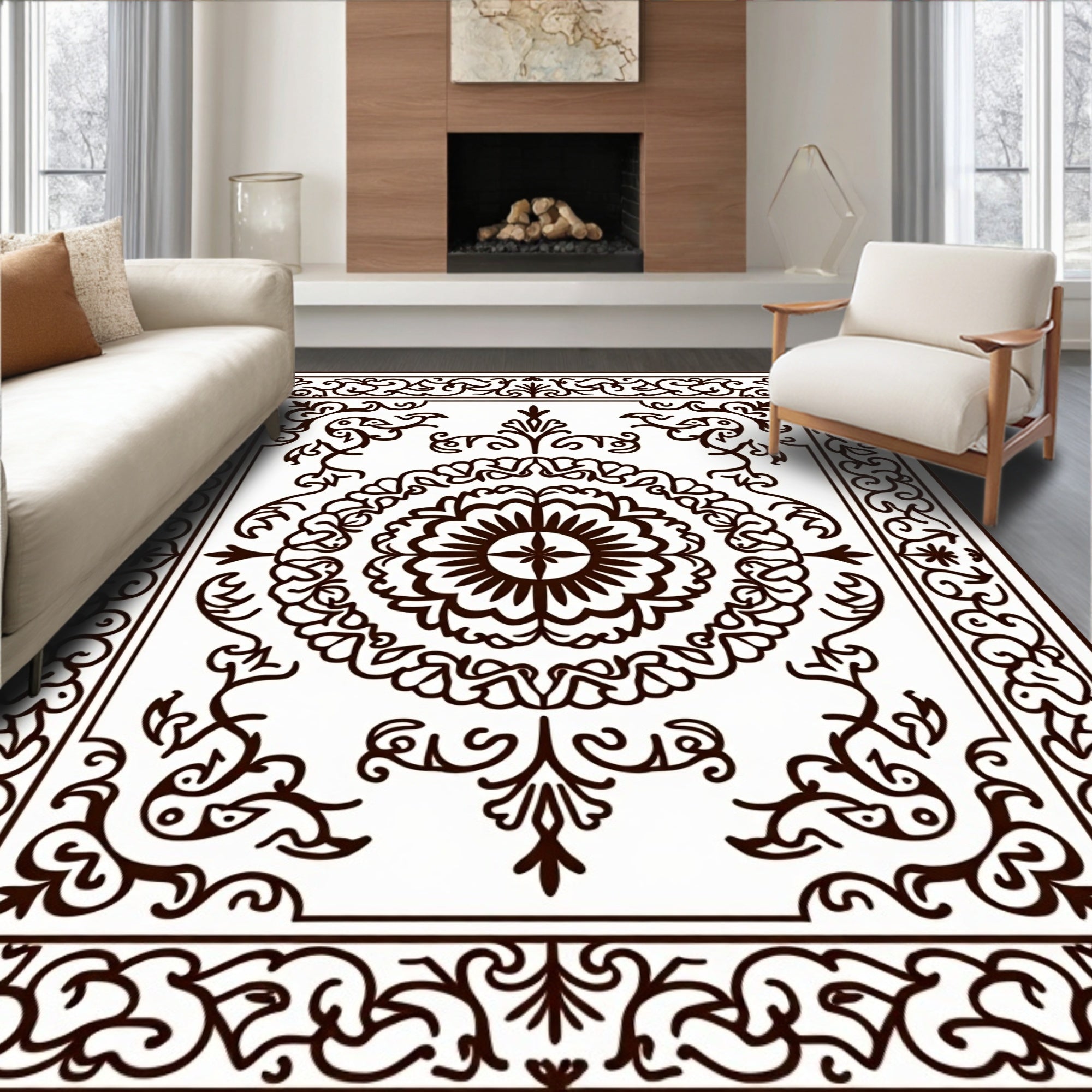 Intricate Scrollwork Floral Border Design Rug