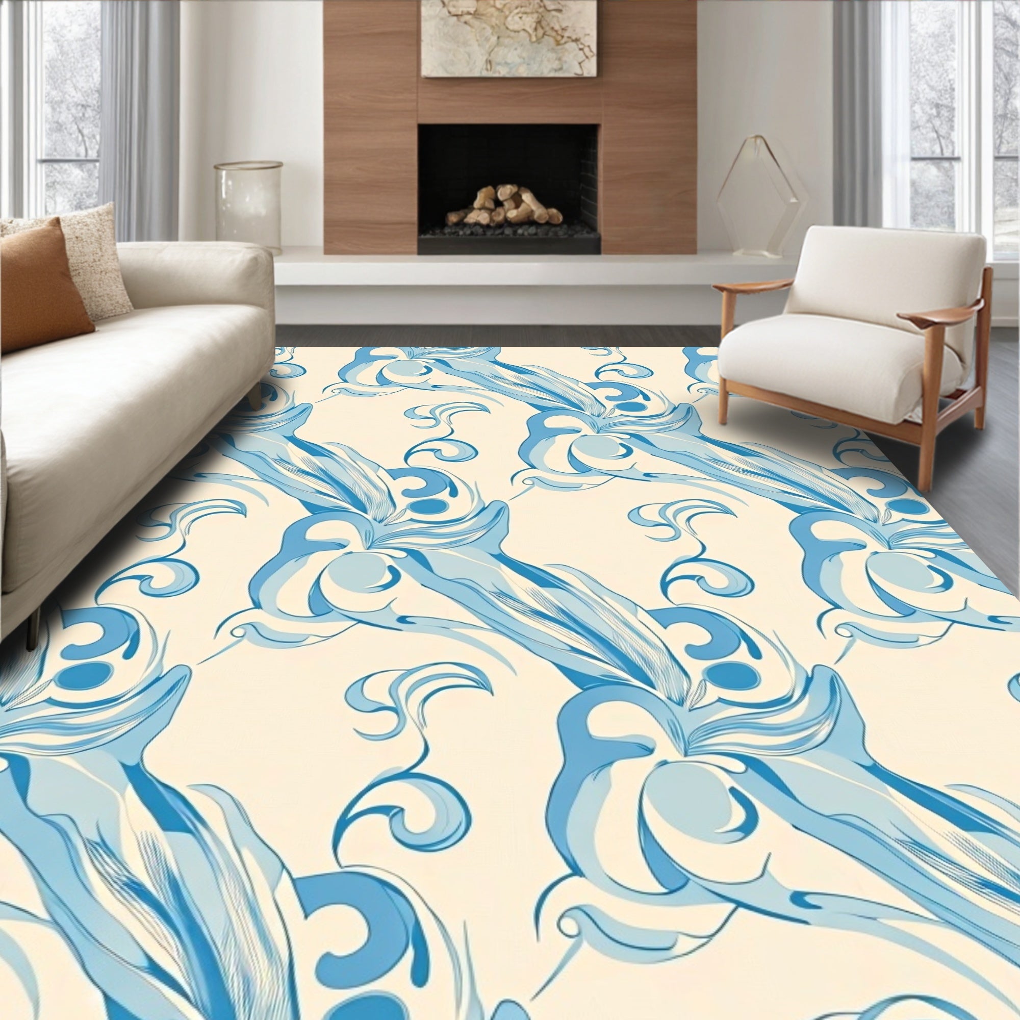 Flowing Blue Cream Floral Pattern Rug
