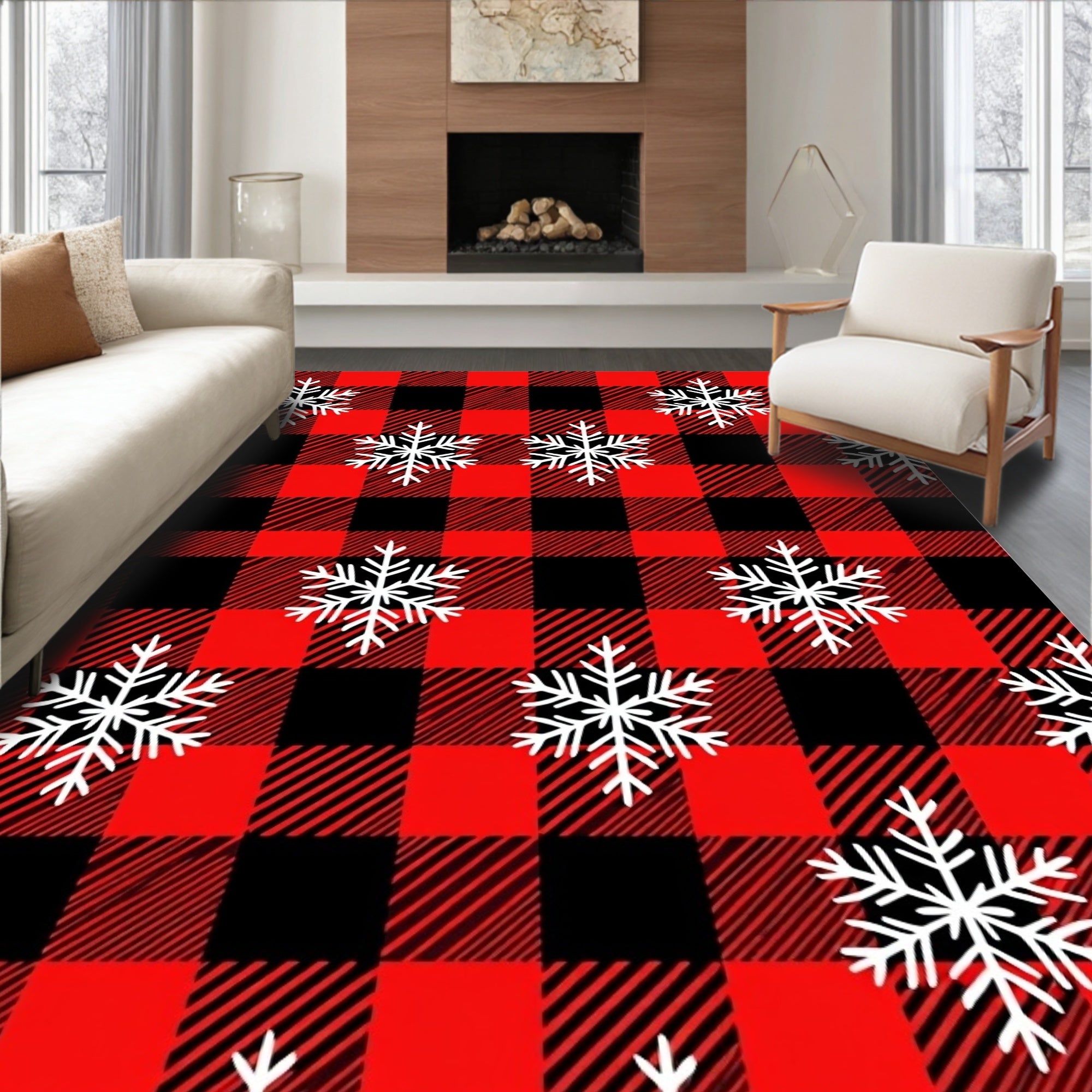 Red Black Buffalo Plaid Snowflake Pattern Rug