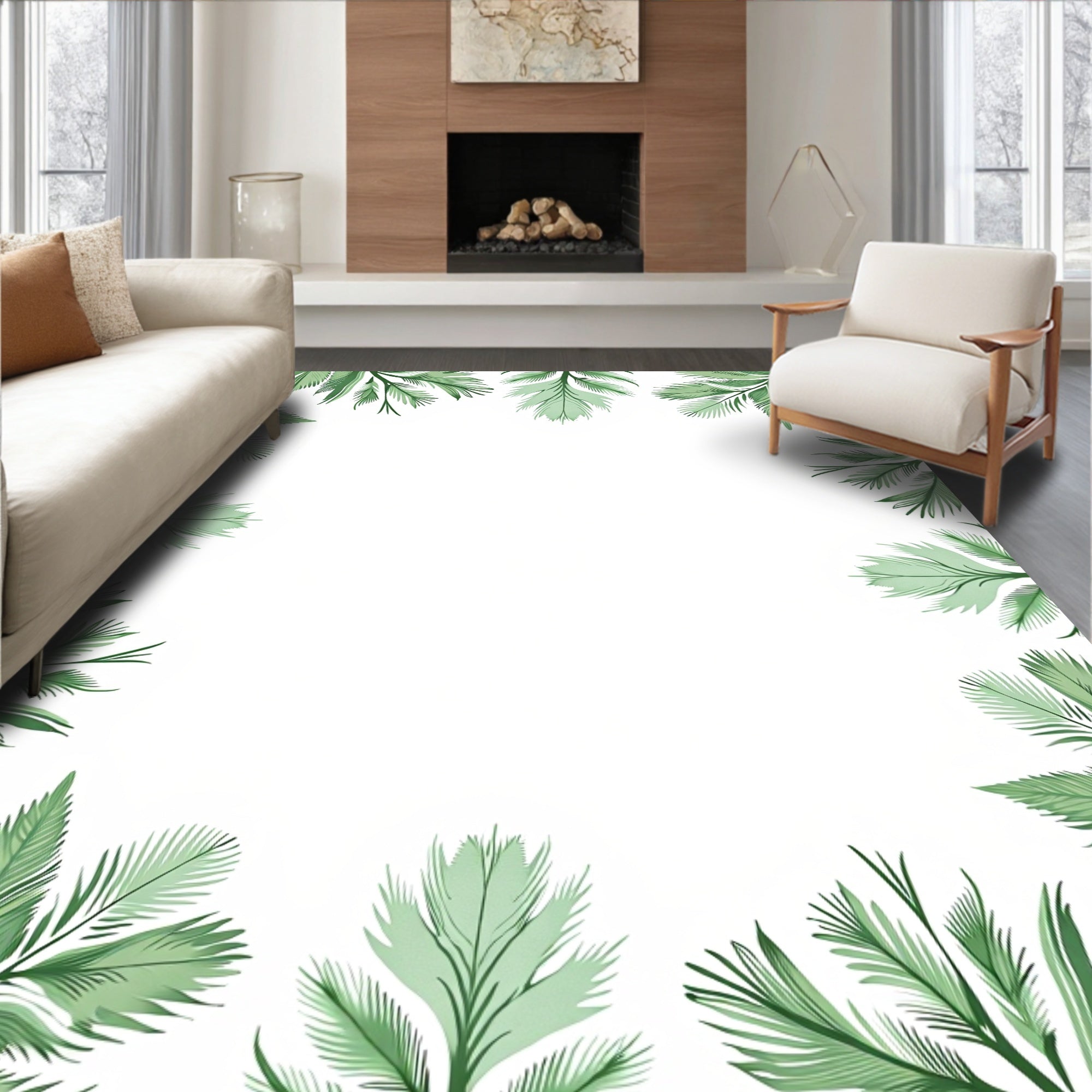 Verdant Green Leaf Pattern Border Rug