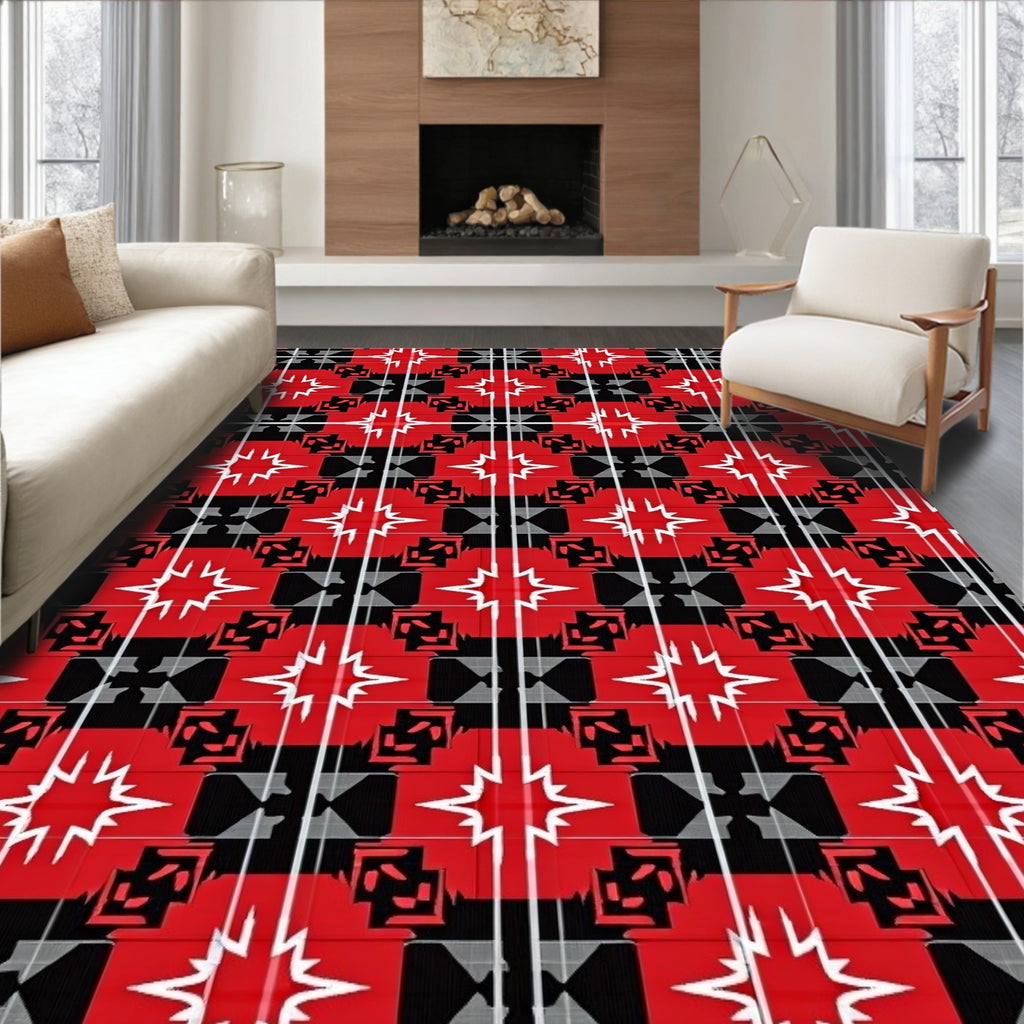 Bold Red Black Geometric Starburst Pattern Rug