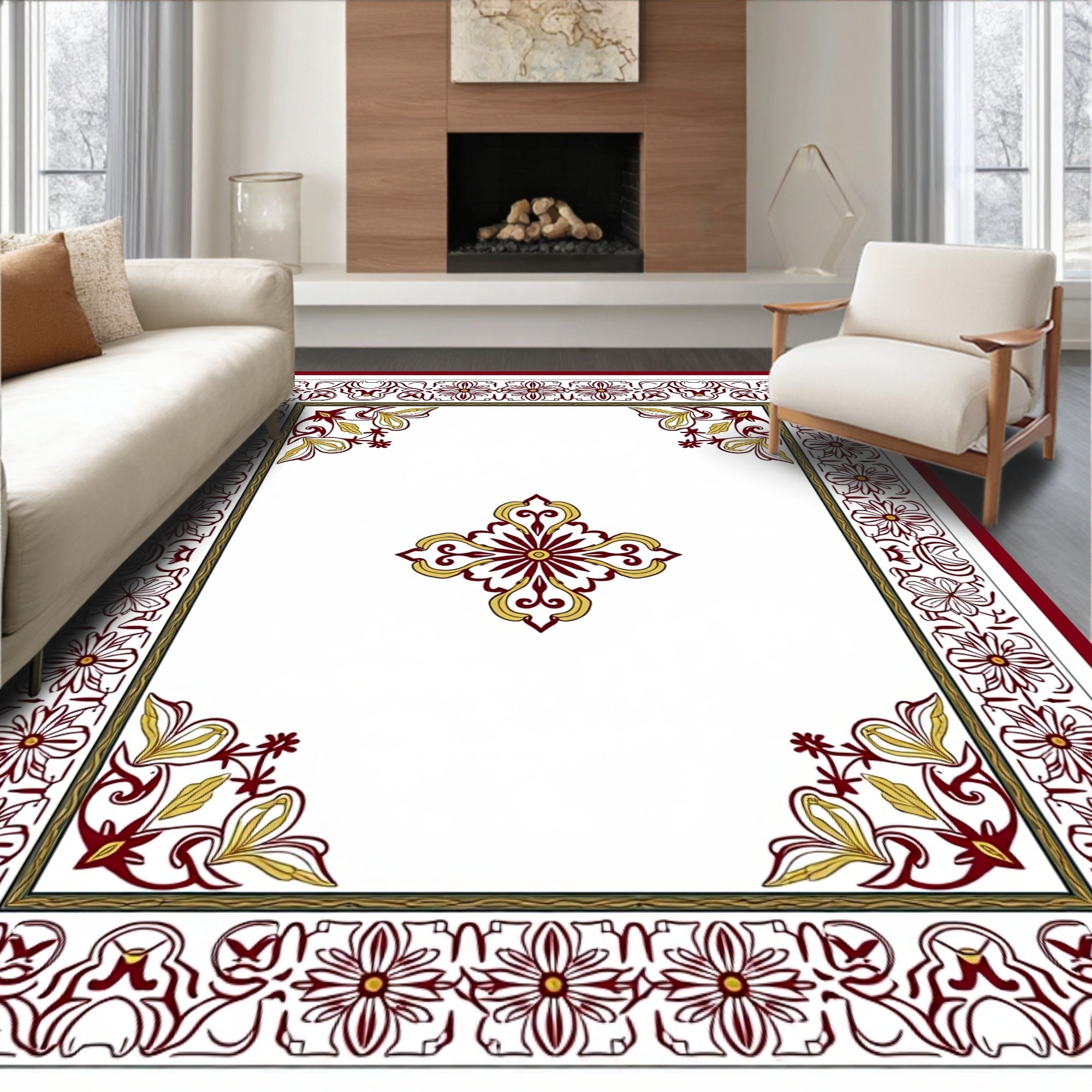 Ornate Floral Burgundy Gold Border Rug