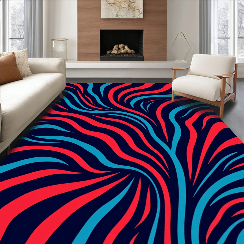 Dynamic Red Blue Wavy Stripes Rug