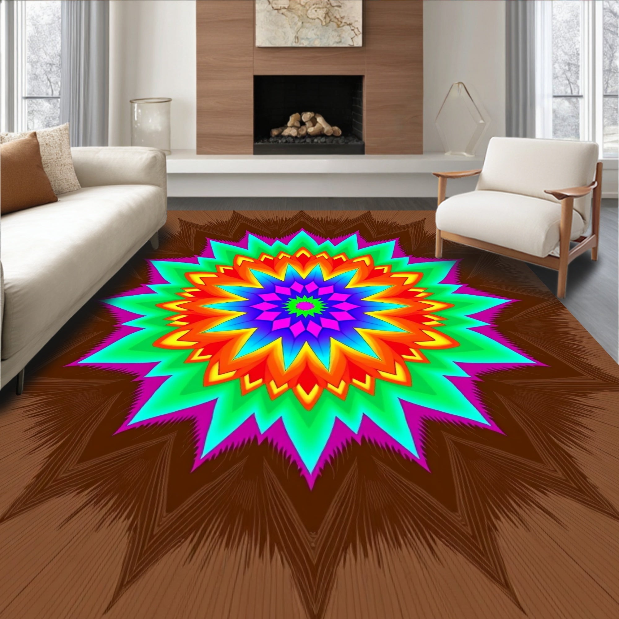 Vibrant Rainbow Starburst Fractal Rug