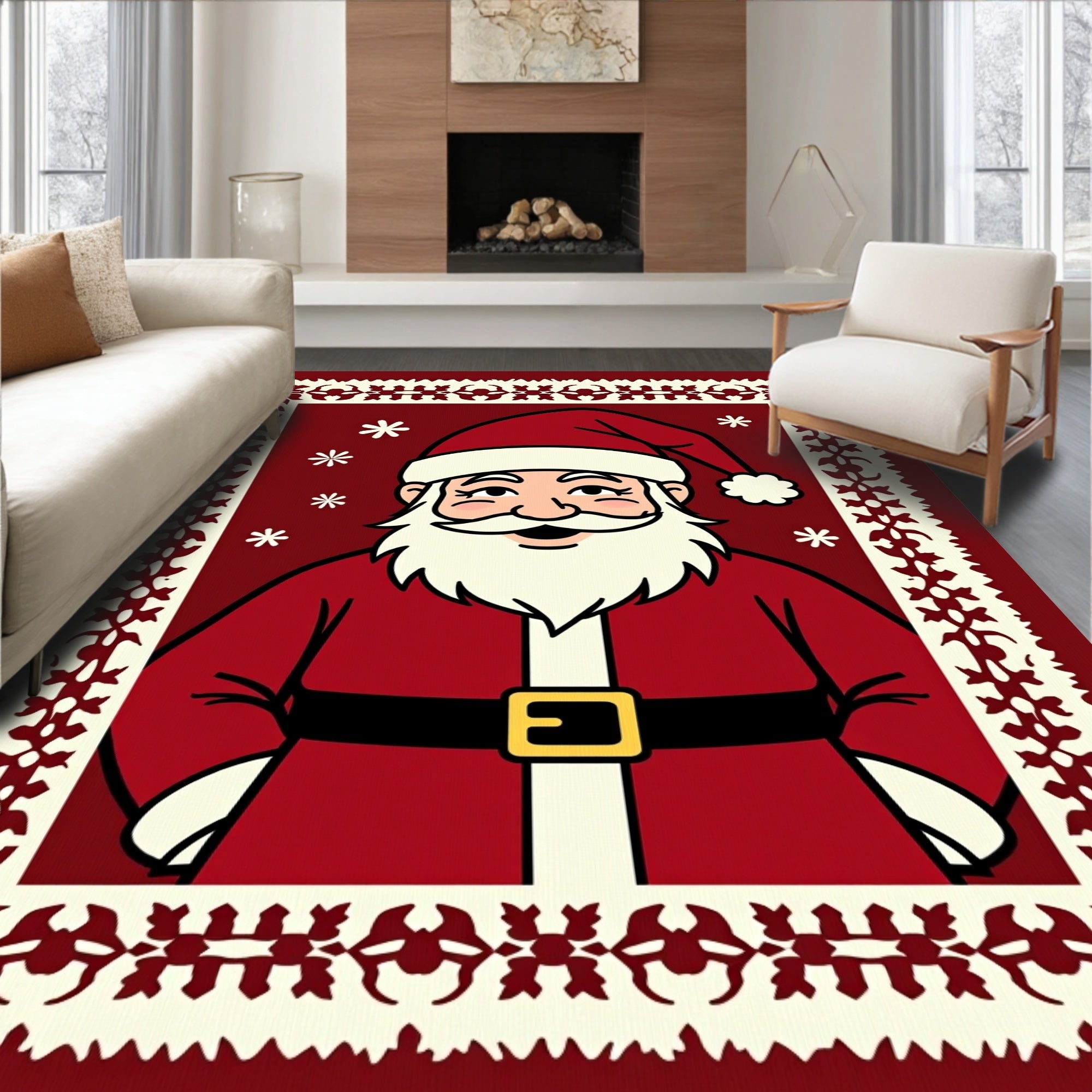 Festive Santa Claus Floral Border Design Rug