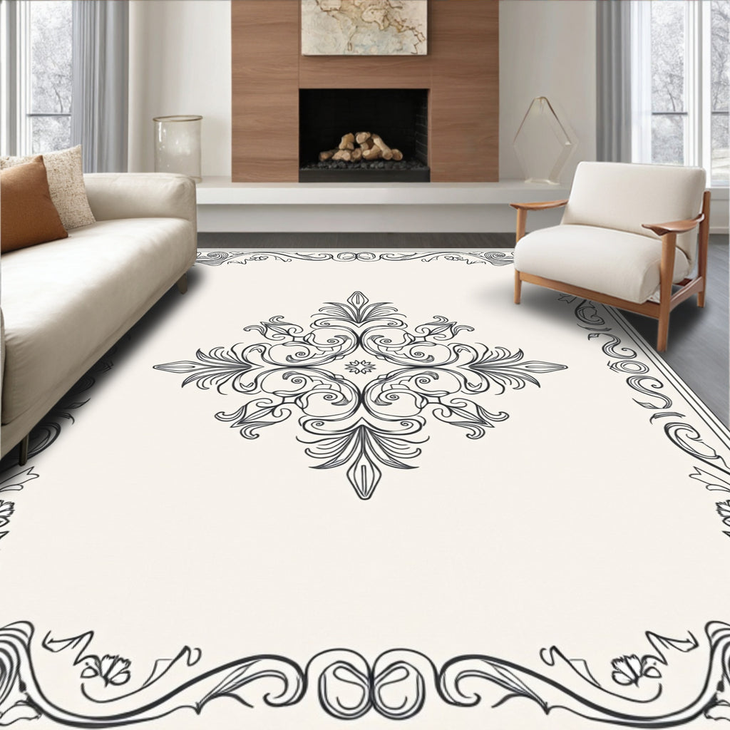 Elegant Black White Floral Scroll Rug