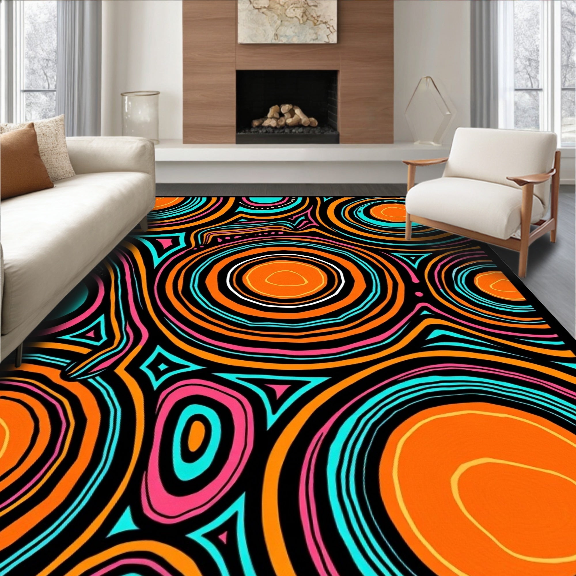 Vibrant Orange Teal Swirls Rug
