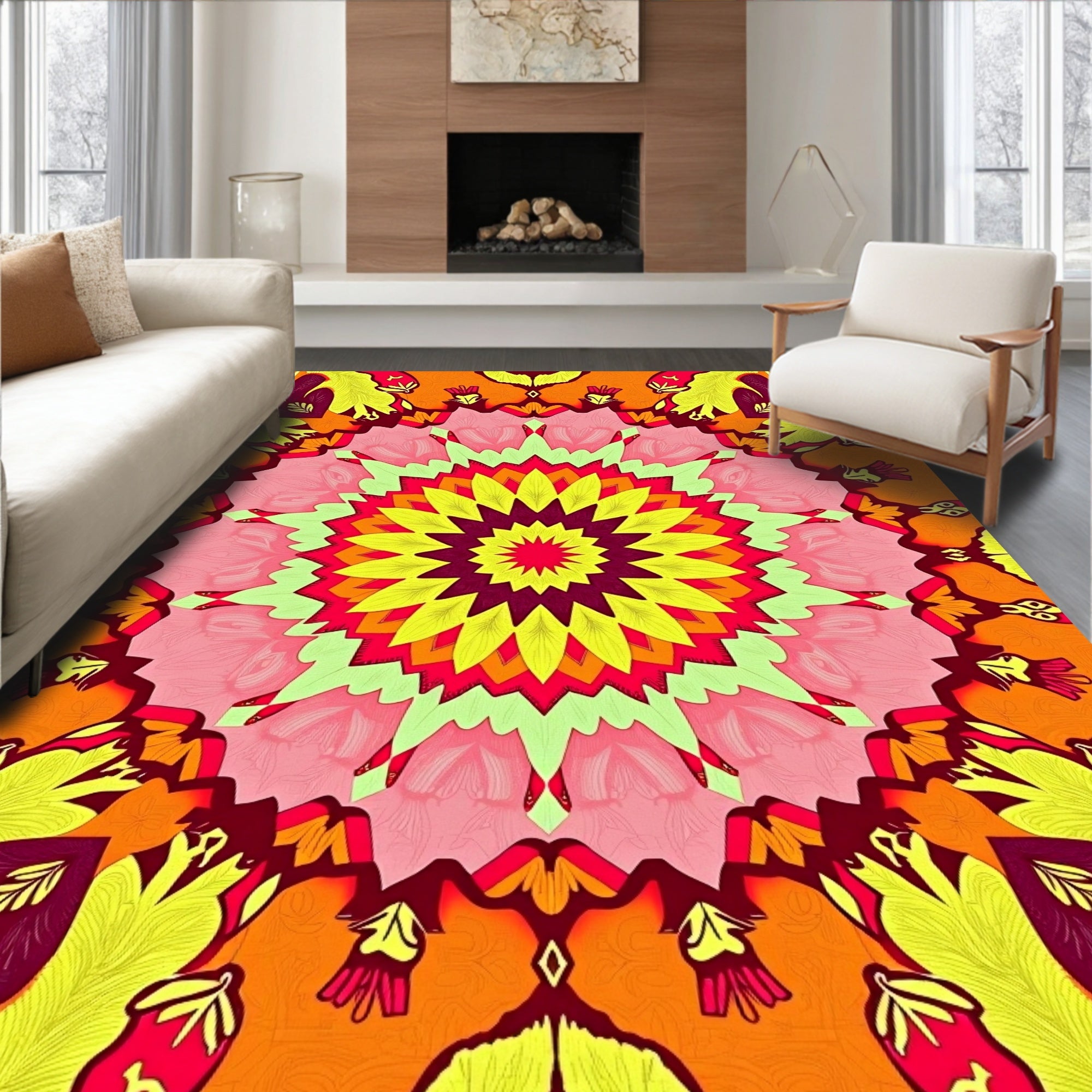 Vibrant Psychedelic Floral Mandala Rug