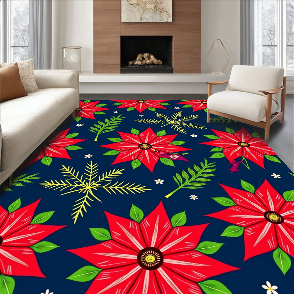 Red Poinsettia Floral Pattern Rug