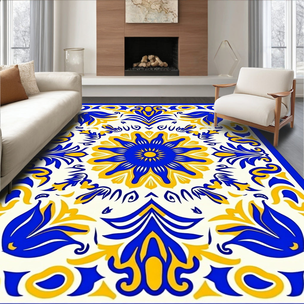 Bold Blue and Yellow Floral Medallion Rug