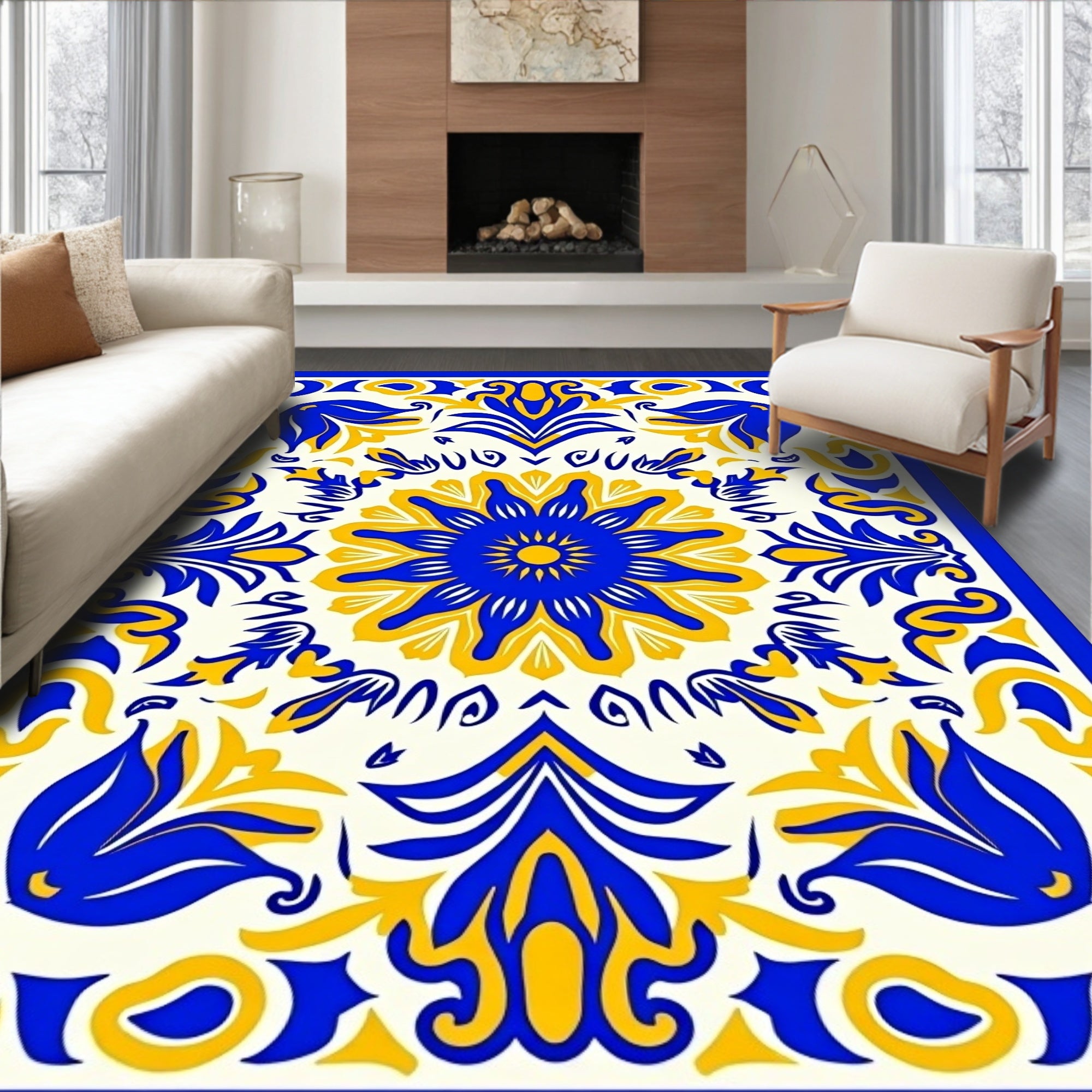 Bold Blue and Yellow Floral Medallion Rug