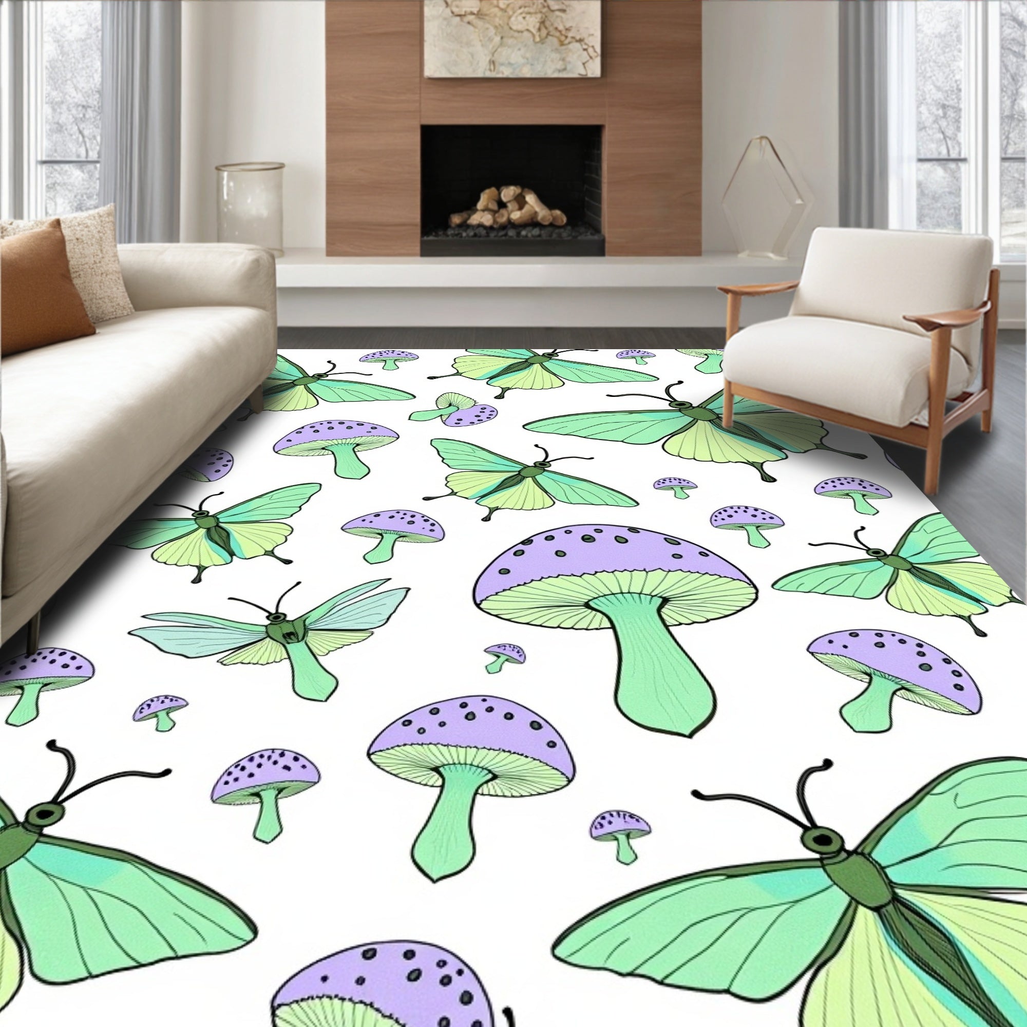 Whimsical Butterfly Mushroom Pattern Rug