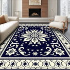 Navy Cream Floral Starburst Pattern Rug