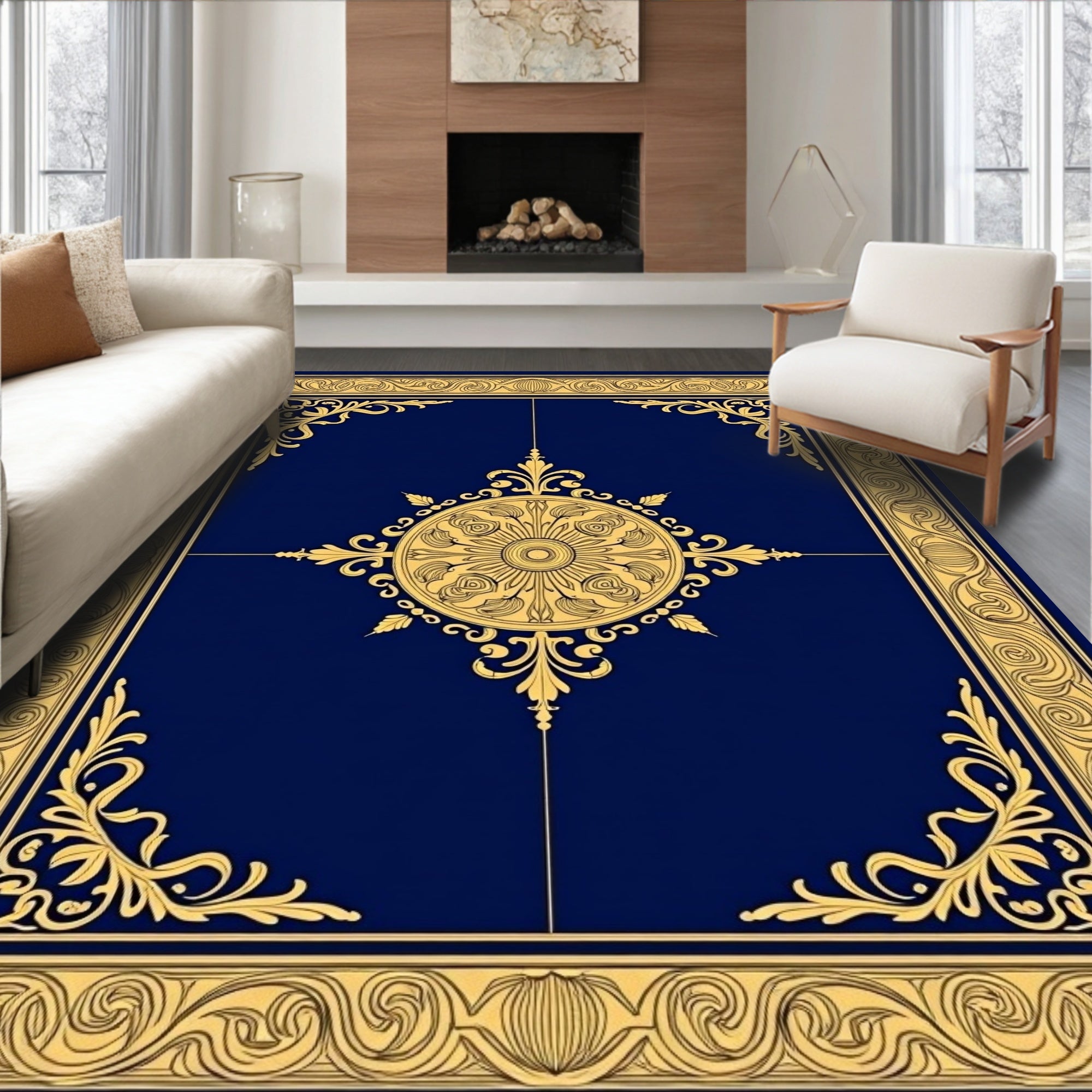 Ornate Golden Floral Medallion Border Rug
