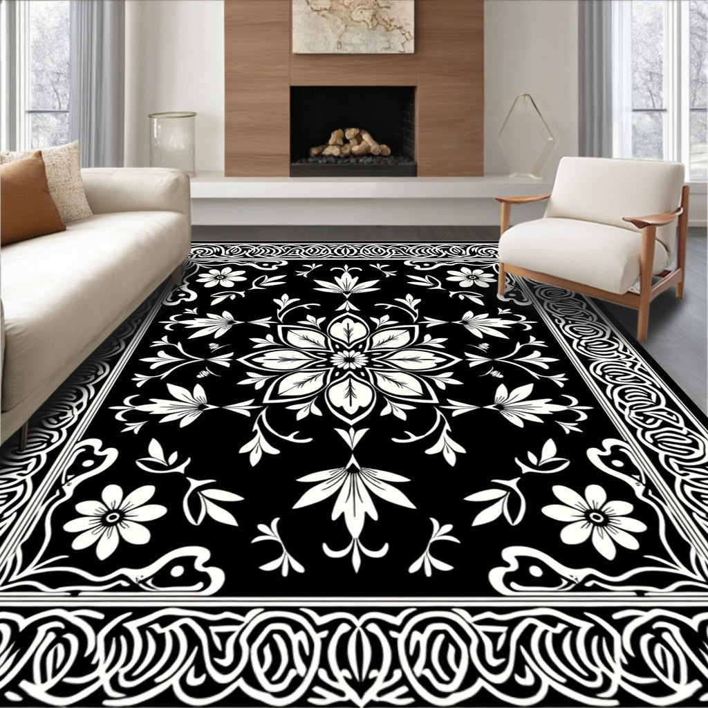 Black White Floral Medallion Tapestry Design Rug