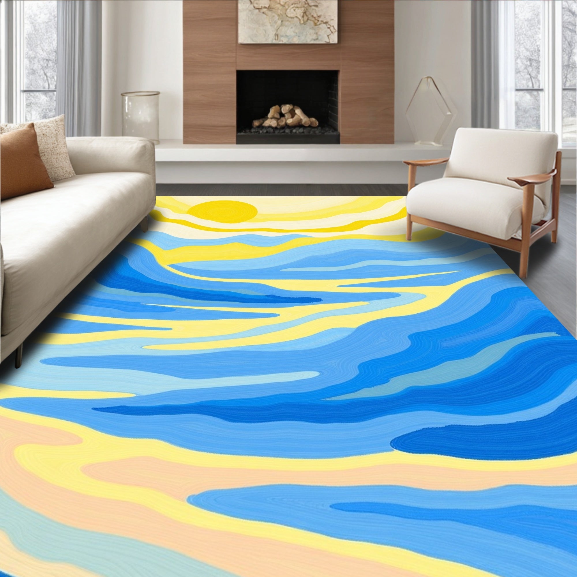 Abstract Wavy Blue Yellow Sun Design Rug