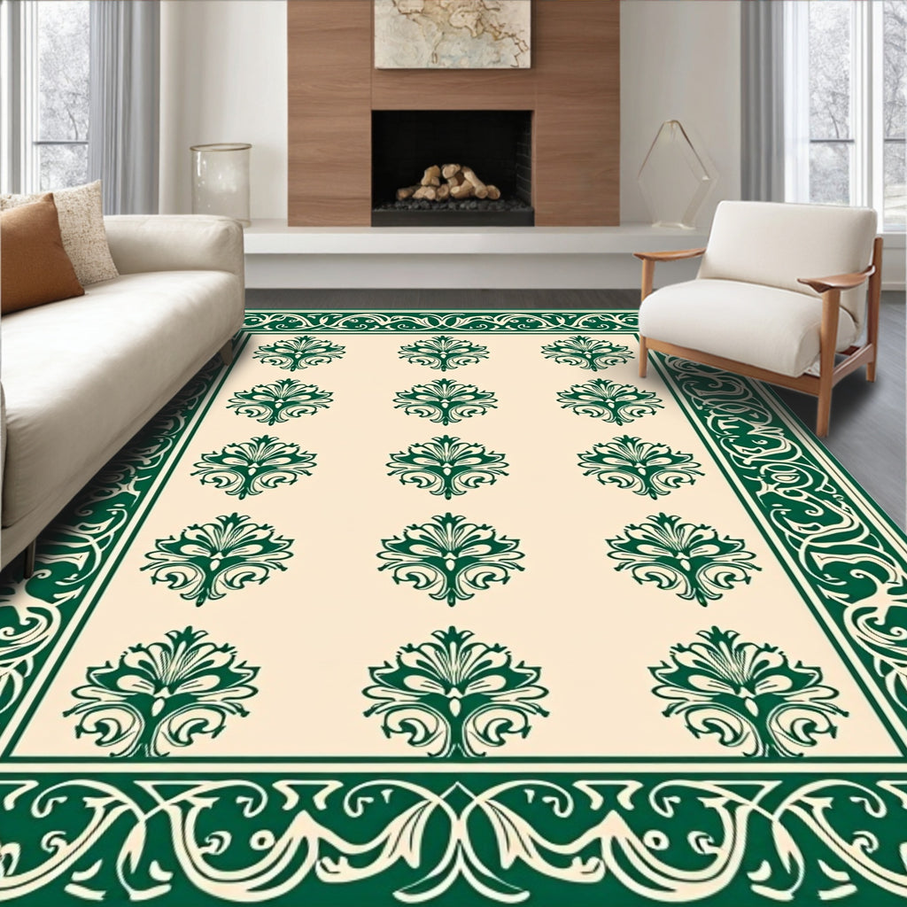 Elegant Green Floral Damask Style Rug