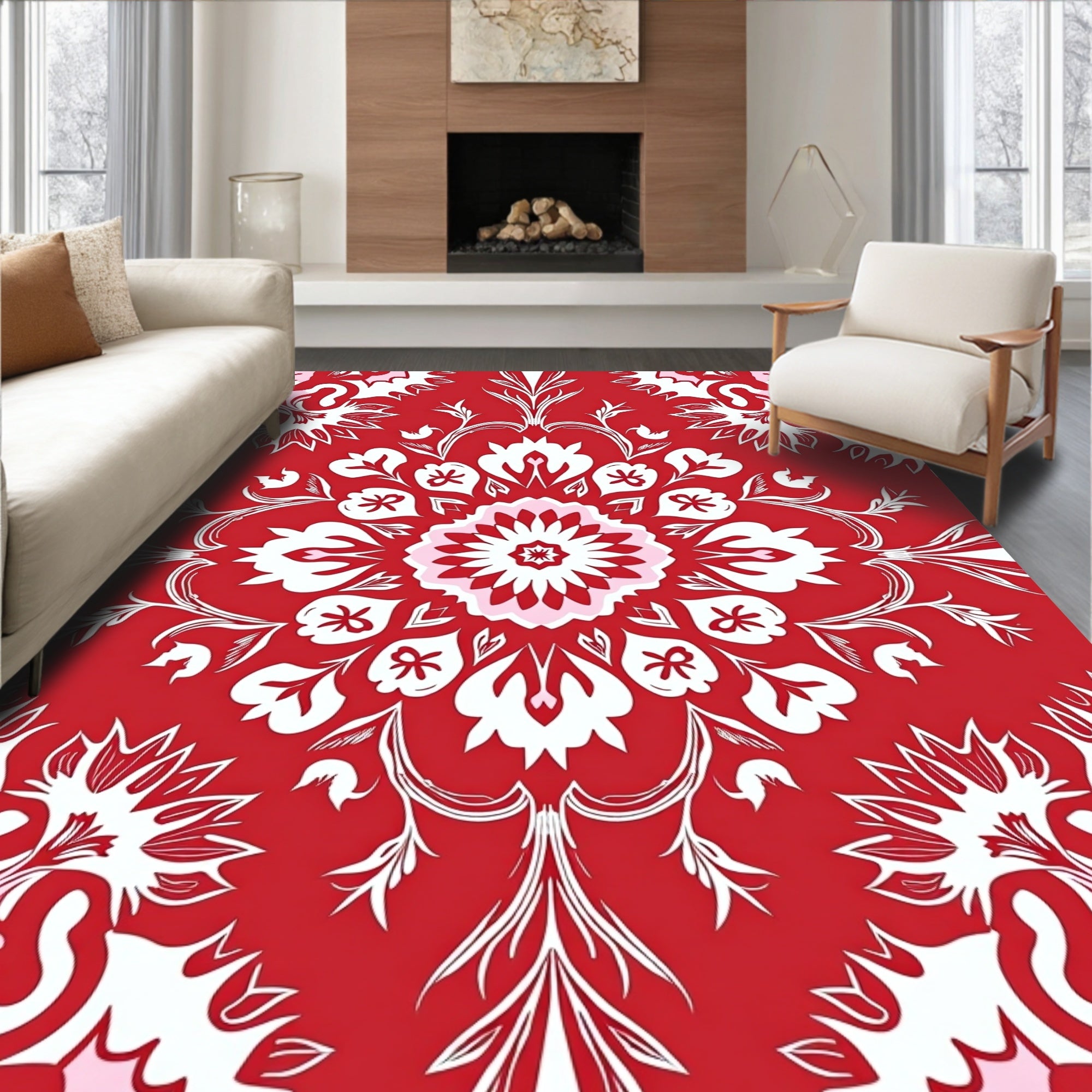 Bold Red White Floral Radiance Design Rug
