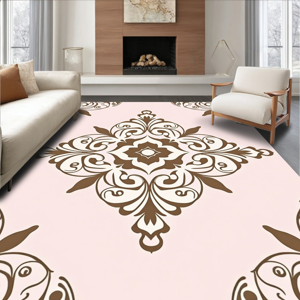 Brown Floral Medallion Pale Pink Rug