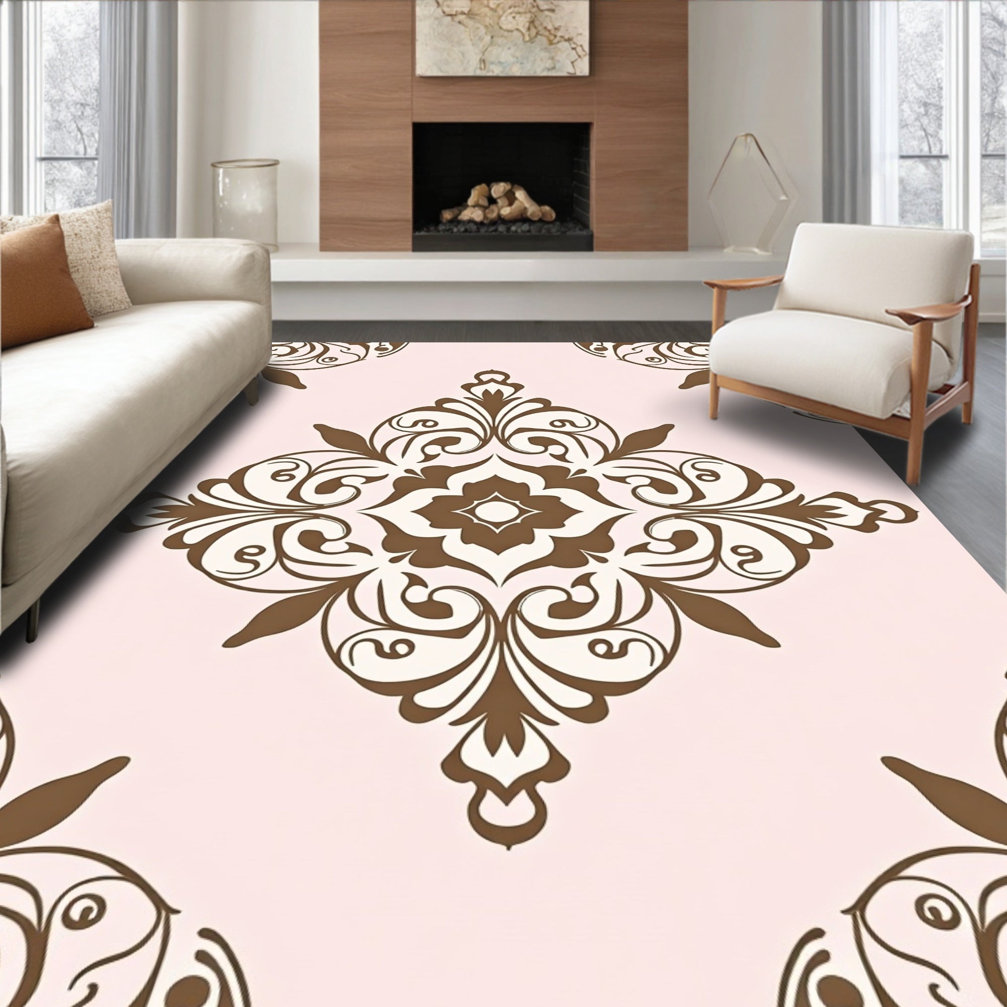 Brown Floral Medallion Pale Pink Rug