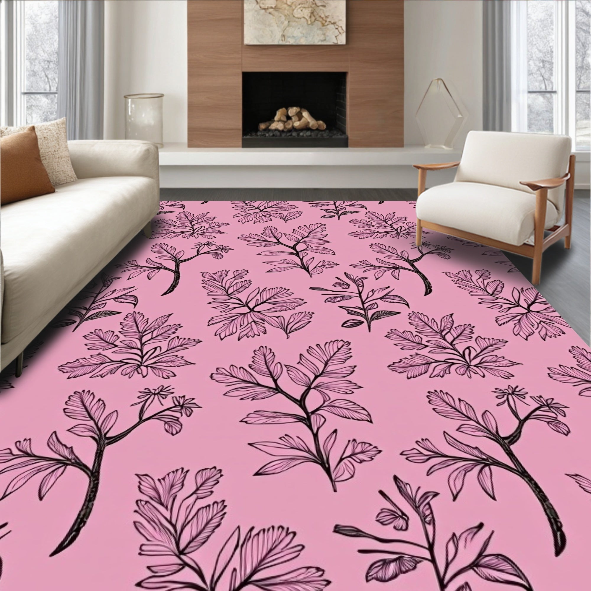 Pink Botanical Line Art Floral Rug