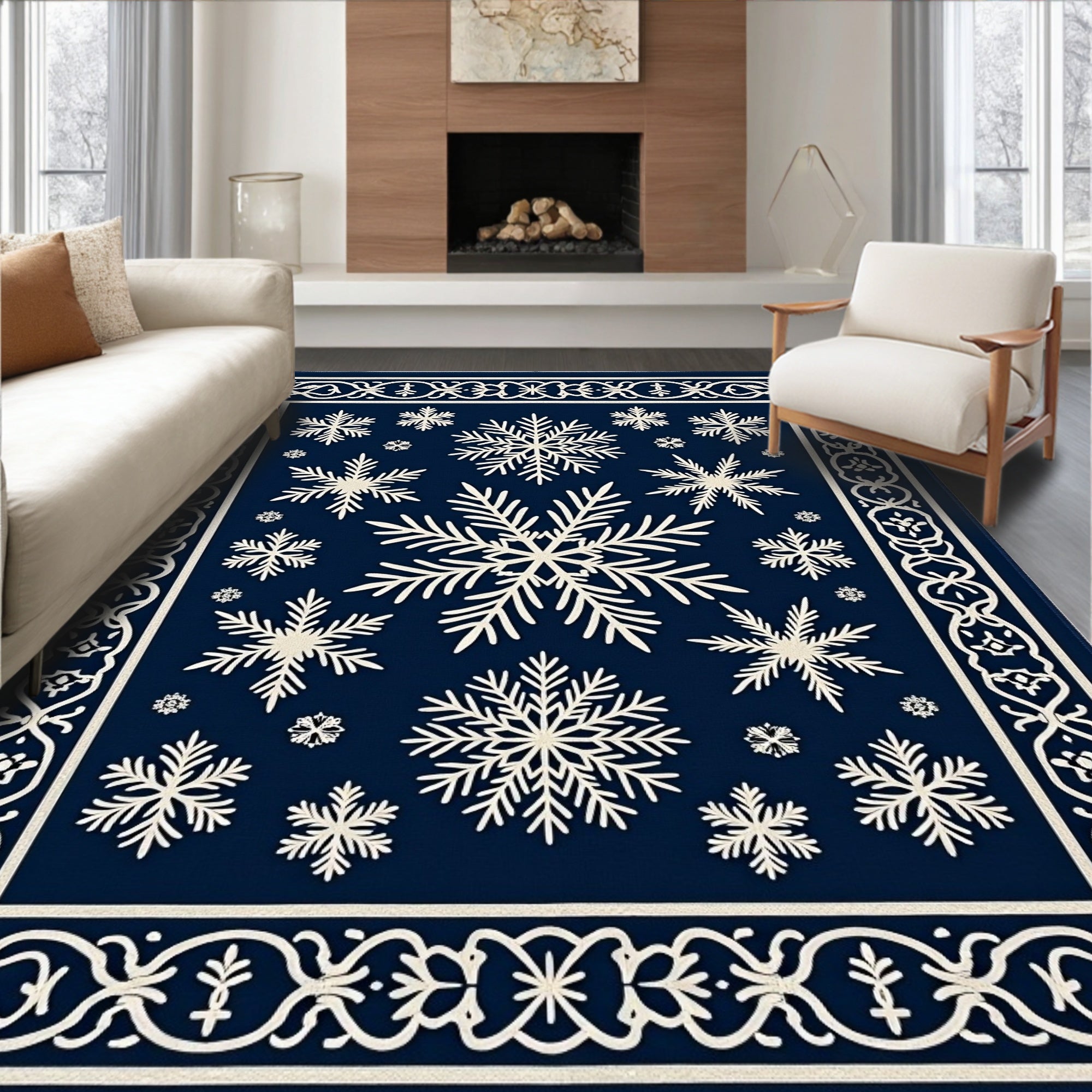 Snowflake Motif Navy Blue Bordered Rug