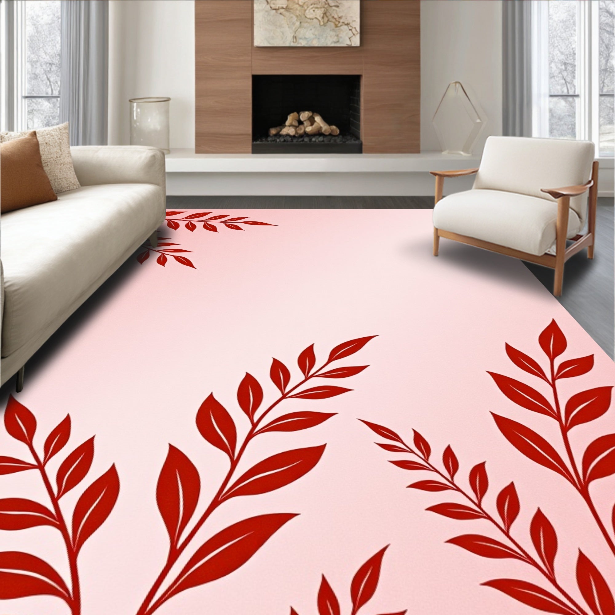 Red Leafy Branches Pattern Rug