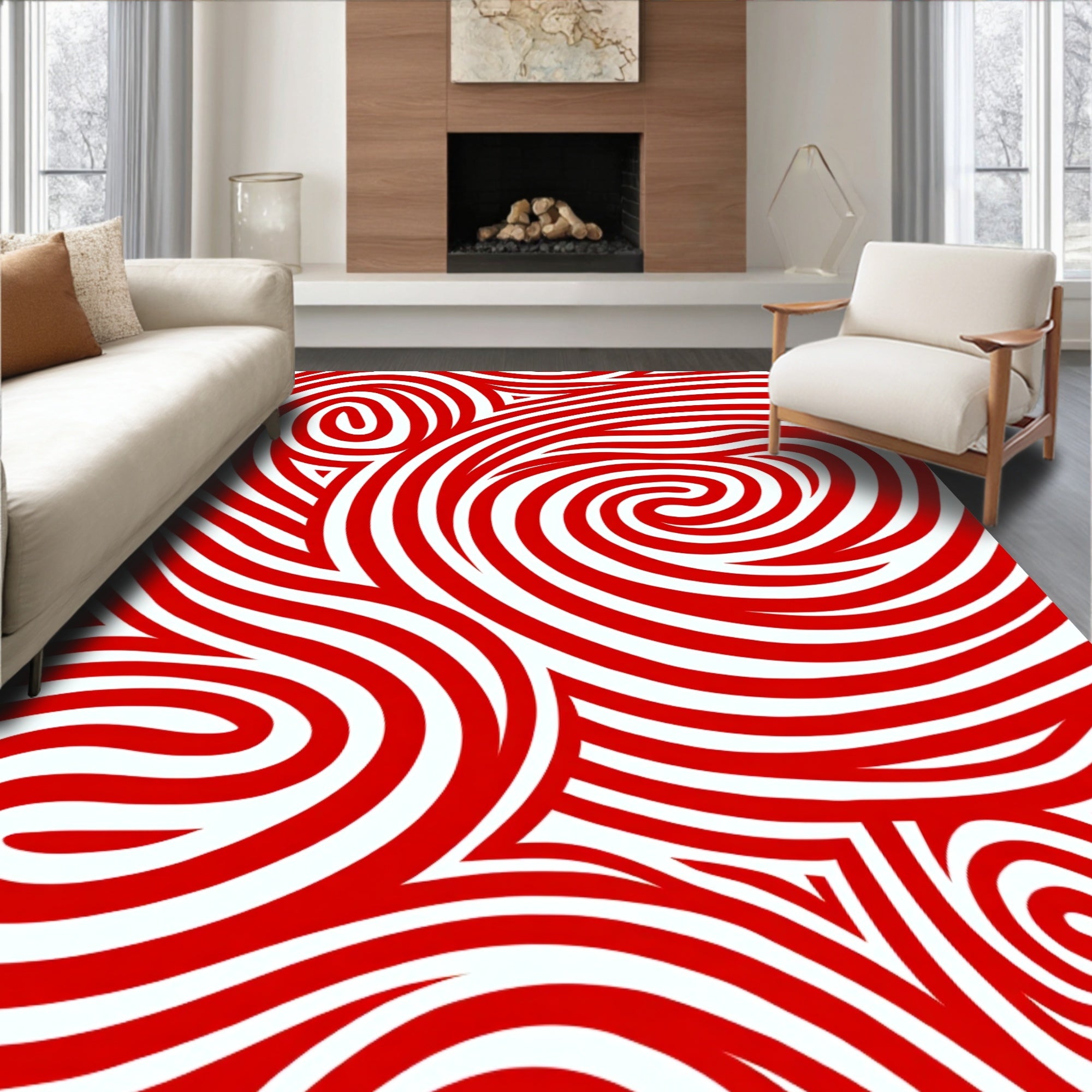 Crimson Swirls Abstract Stripe Rug