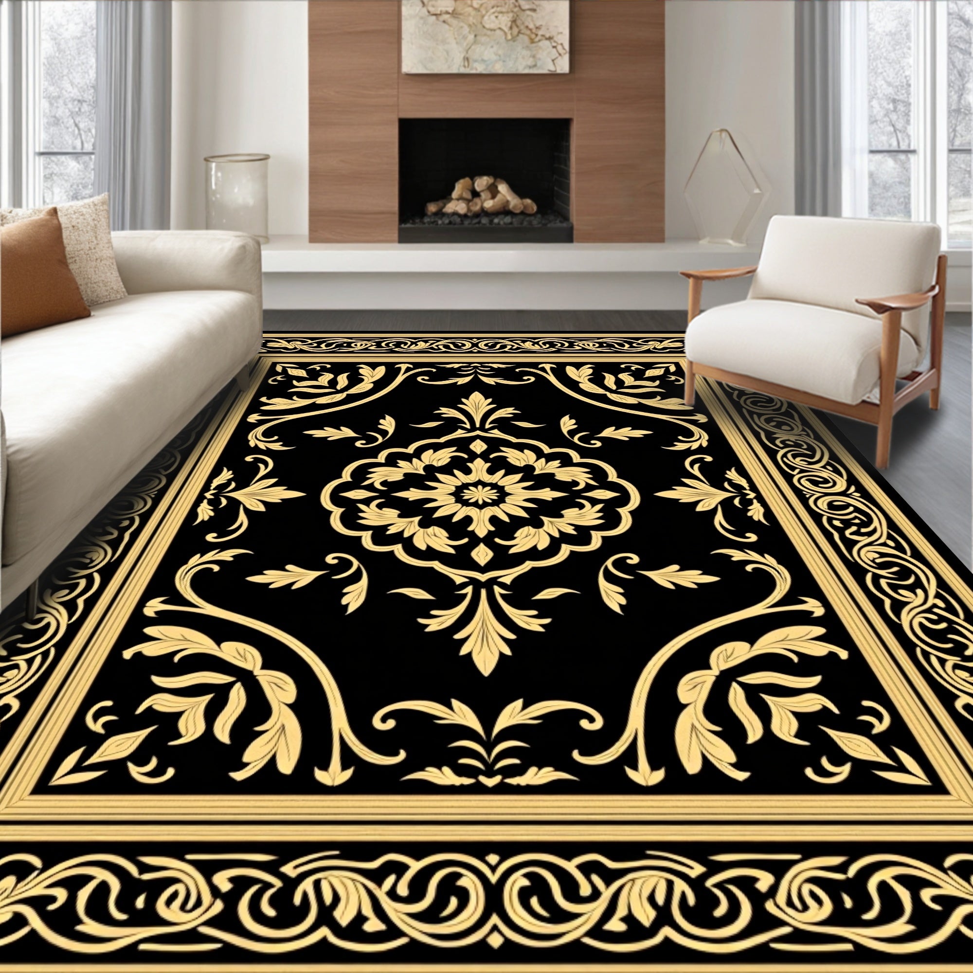 Elegant Black Gold Floral Scroll Rug