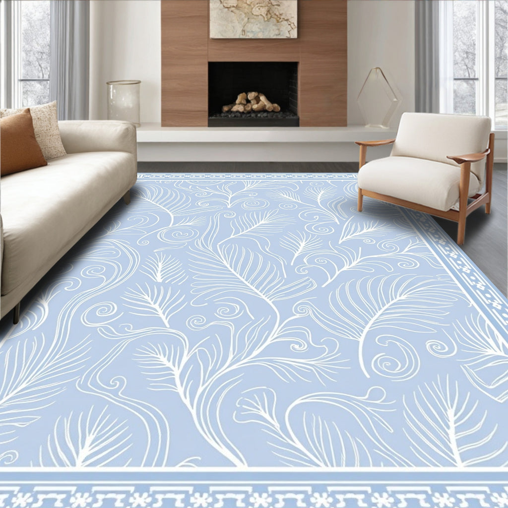Light Blue White Feather Swirl Pattern Rug