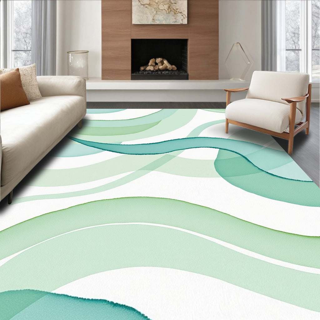 Aqua Green Watercolor Waves Design Rug