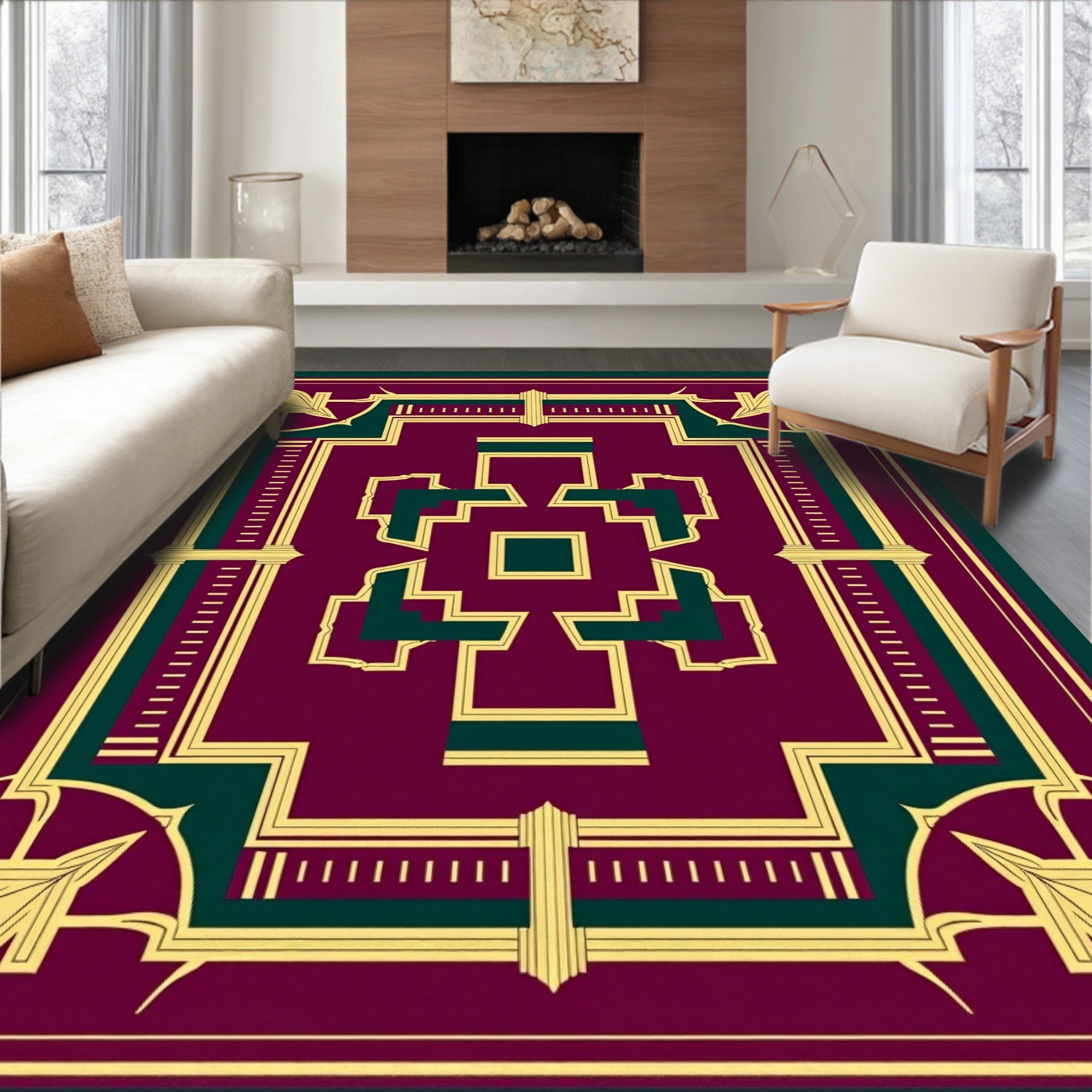 Deep Plum Gold Art Deco Geometric Design Rug
