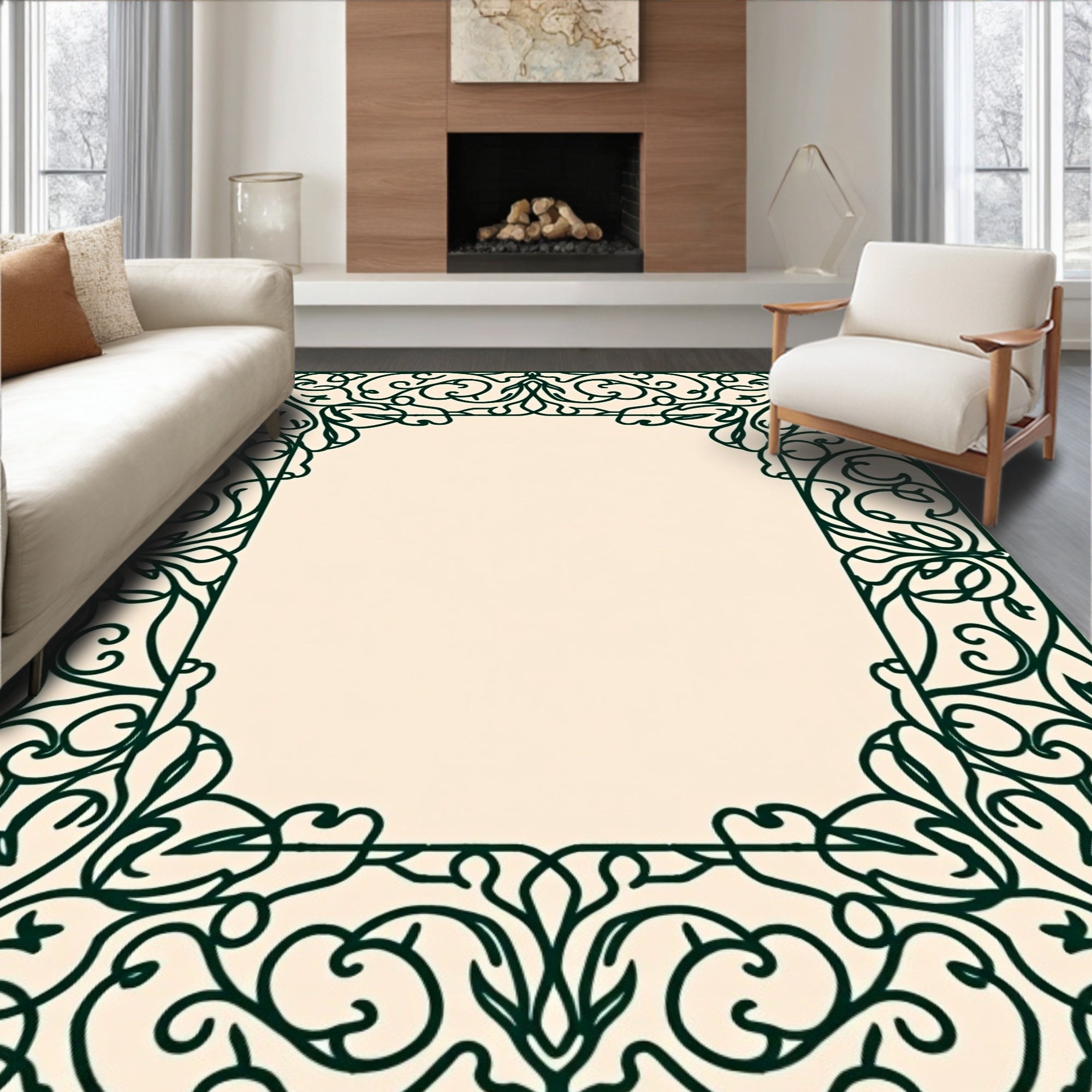 Elegant Scrollwork Floral Border Design Rug